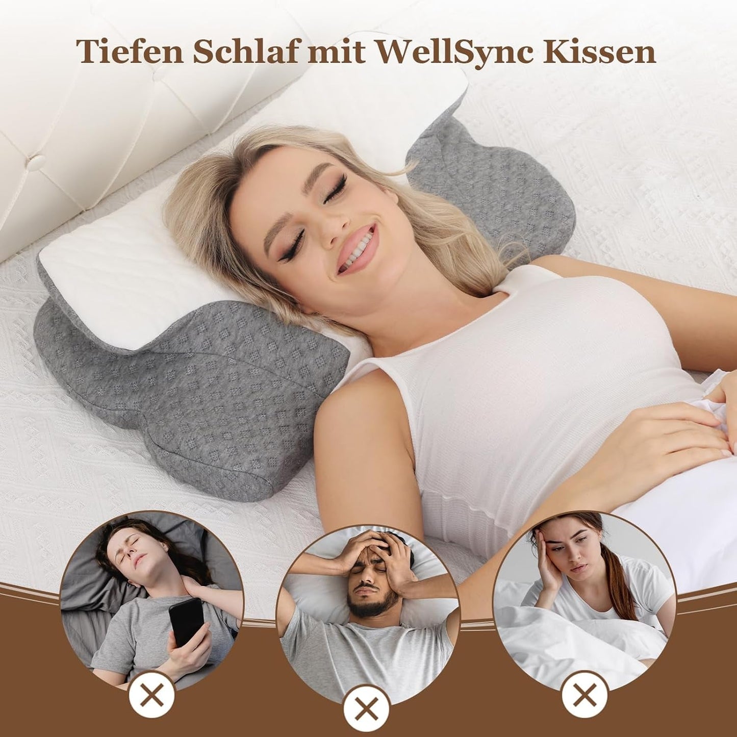 Wellsync Nekkussen Ergonomisch Kussen Memory Foam Kussen Orthopedisch Kussen Voor Zijslapers Rugslapers Buikslapers Nekpijn Wit Grijs Cervicale Orthopedische Kussens Naty Shop