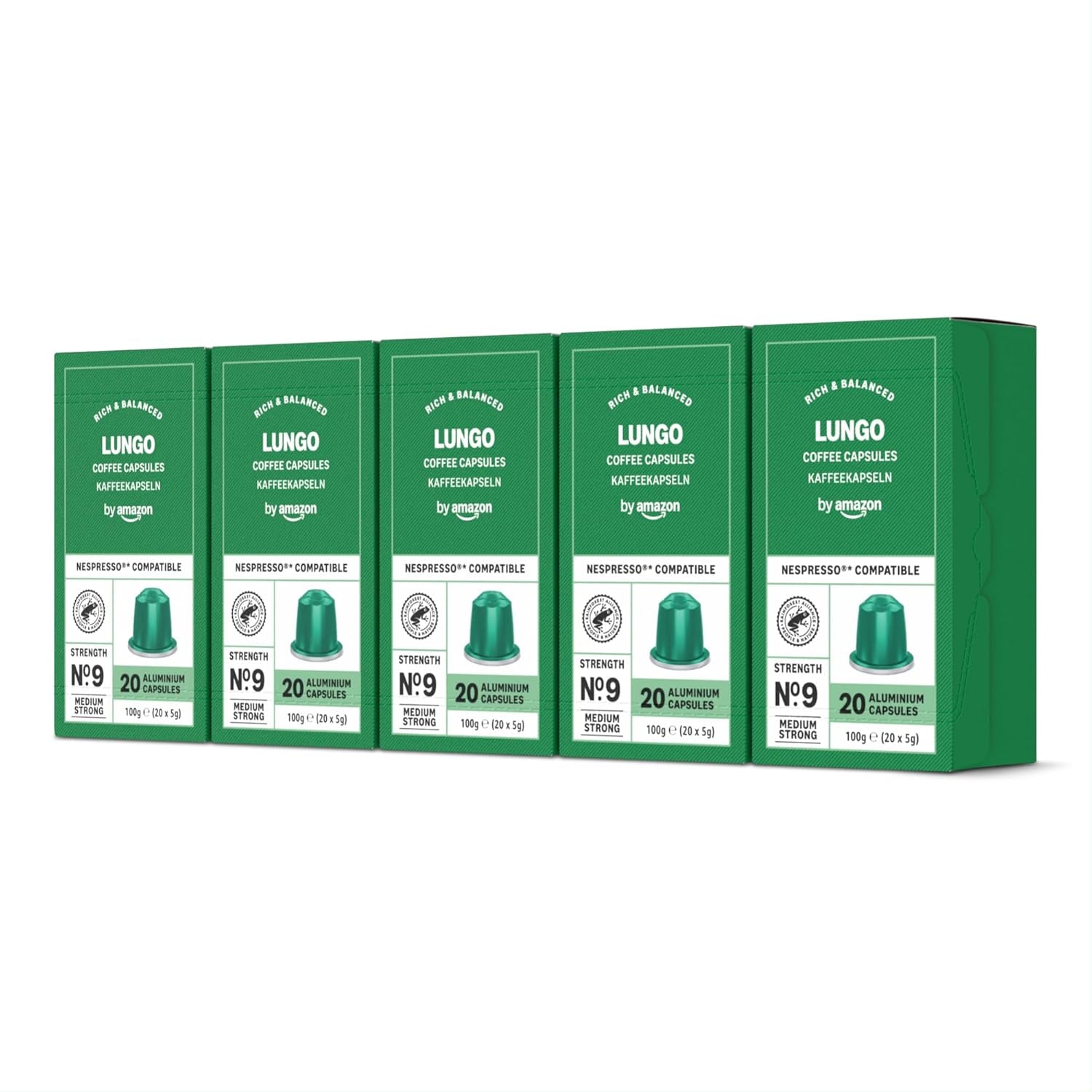 by Amazon Lungo Aluminium-Kaffeekapseln, compatibel met Nespresso, mittelgeröstet, 100 Stück (5 Packungen mit je 20 Stück) – Rainforest Alliance zertifiziert