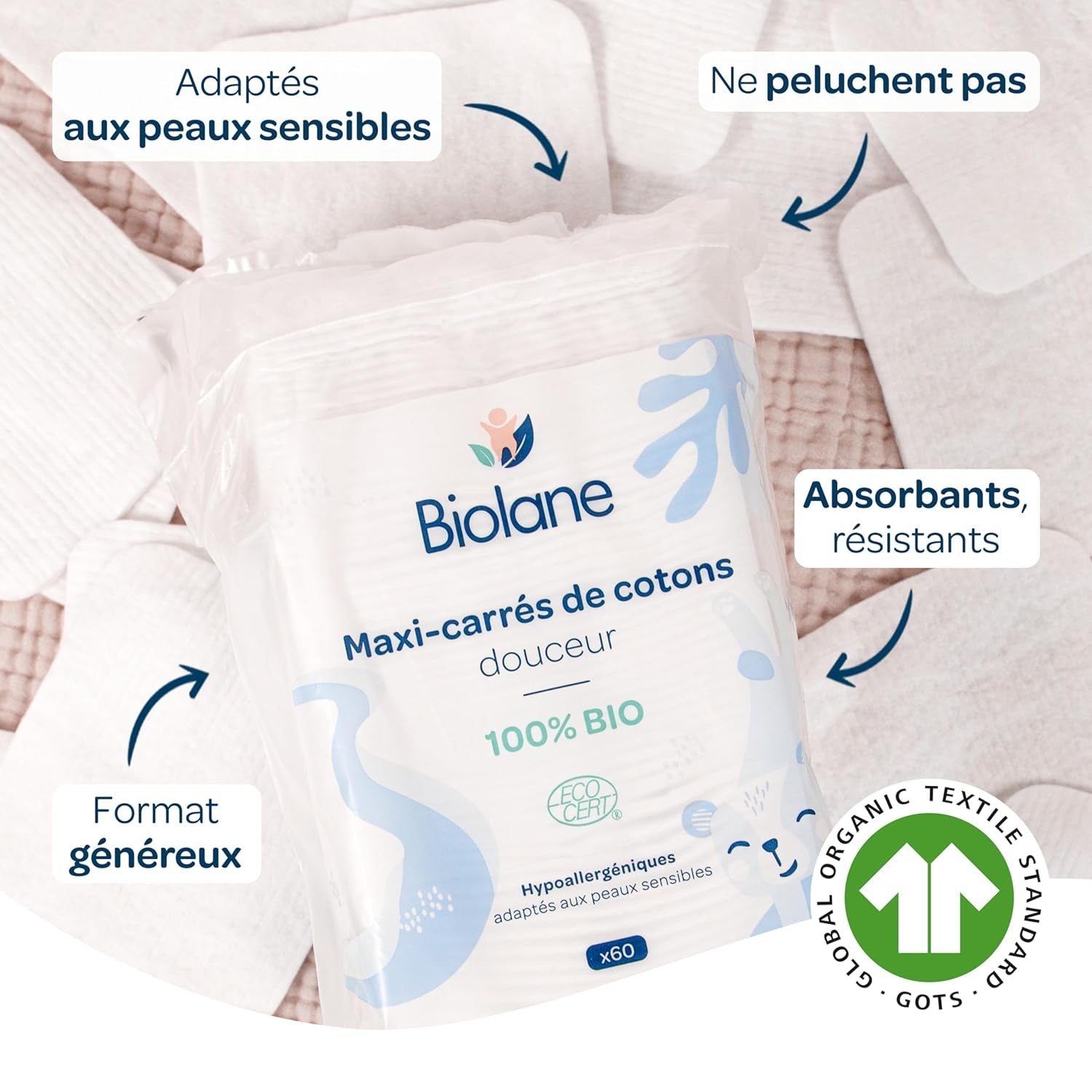 BIOLANE 12 Maxi Squares Wet Pads - Baby's - 100% Biologisch - 720 Katoen - voor de gevoelige huid - Verschoon- en Toiletartikelen - vanaf de geboorte - gemaakt in Frankrijk