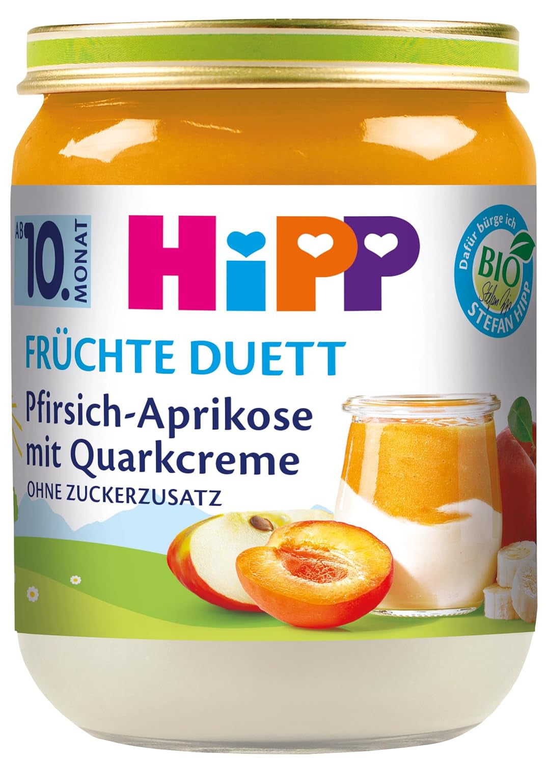 HiPP Perziken-Abrikozen met Kwarkcrème, Fruitduet vanaf 10 maanden (6 x 160g), zonder toegevoegde suikers, glutenvrij, beste biologische kwaliteit