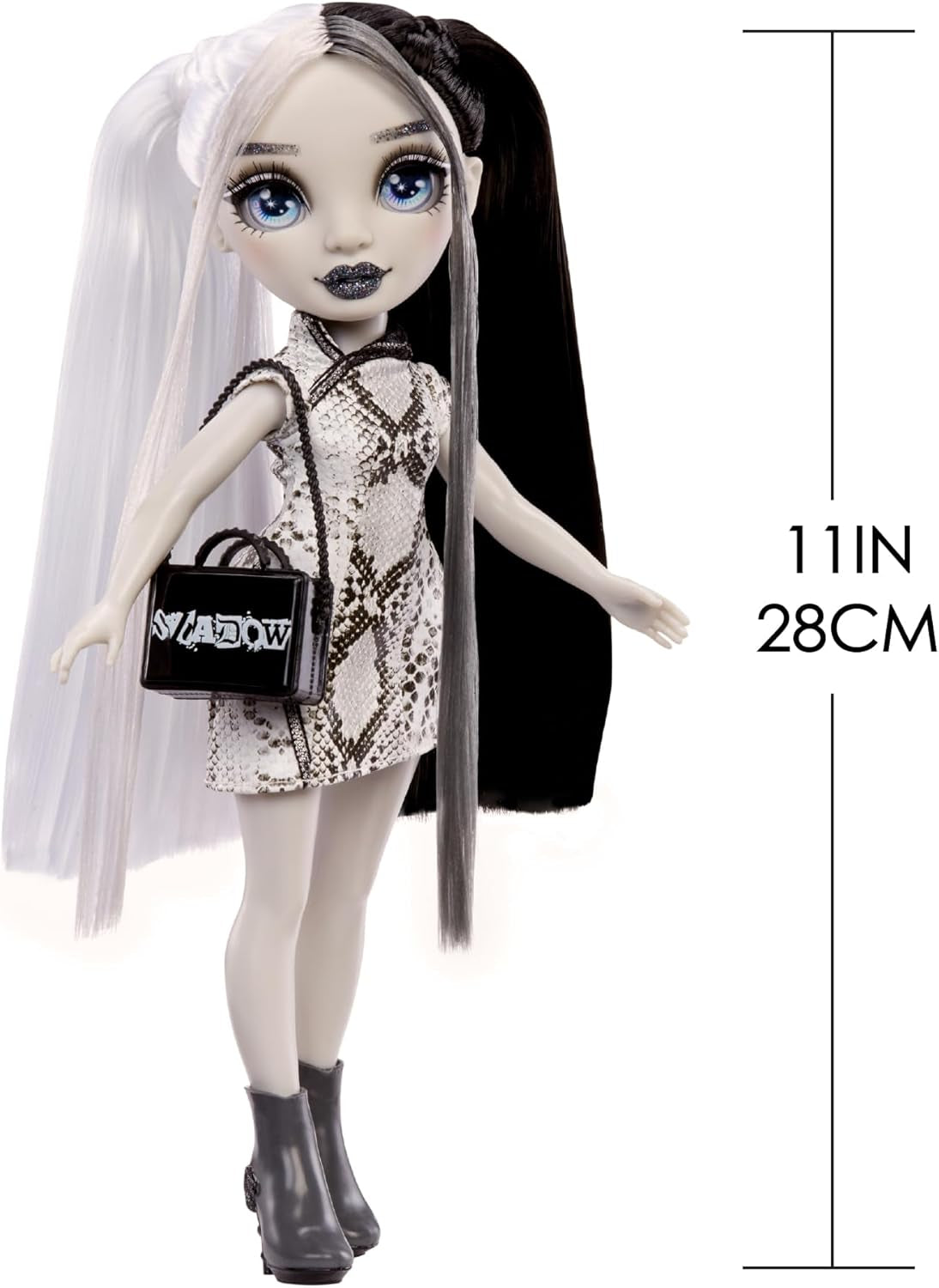 Rainbow High Shadow High Heather Grayson pop - 28 cm in grijstinten, zwart en wit haar en outfit, stijlvolle tas, lief cadeau voor kinderen van 4-10 jaar