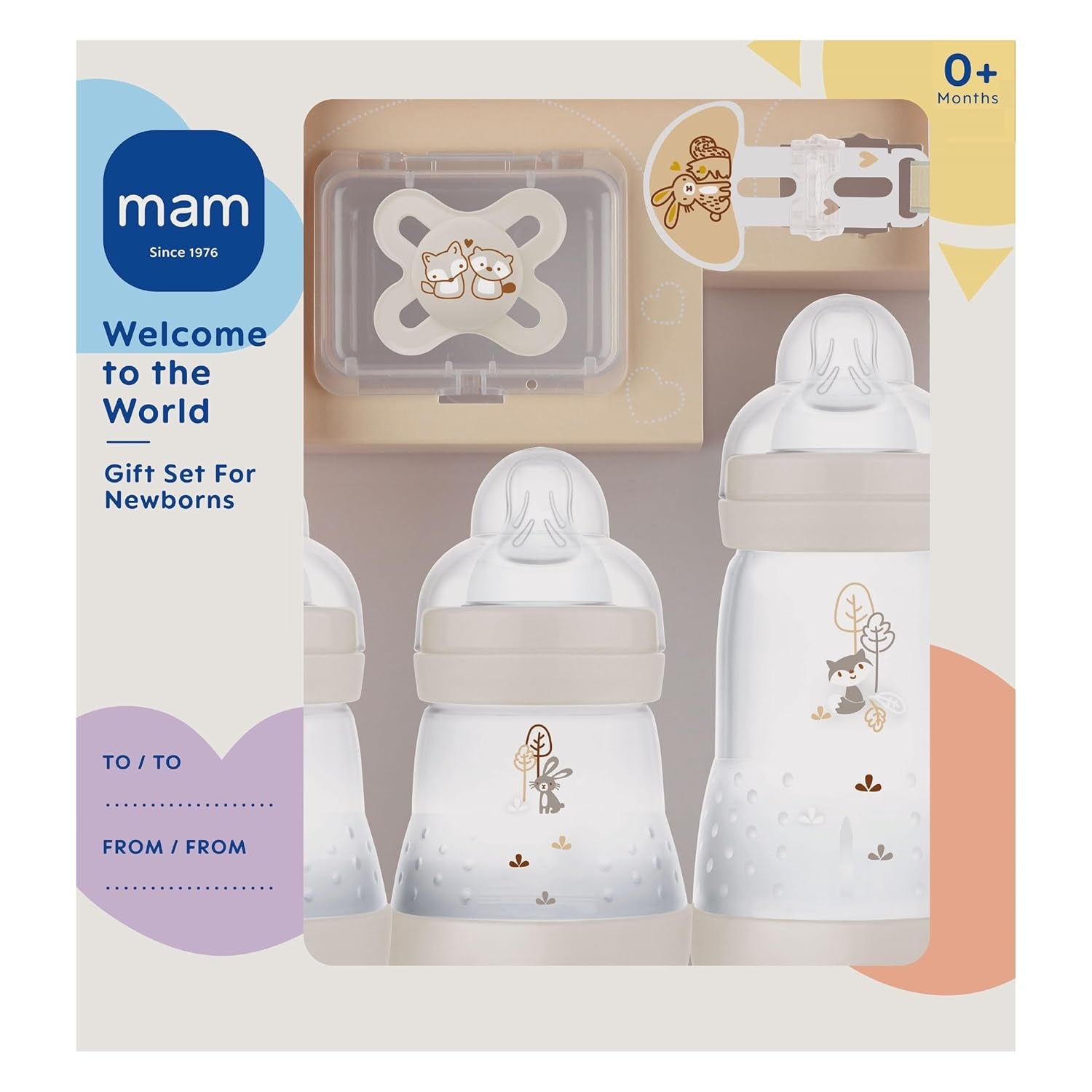 MAM Newborn Set, Cadeauset, bestaande uit: 2 x Anti-Krampjesfles 160 ml, 1 x Anti-Krampjesfles 260 ml, 1 x Originele Start Fopspeen, 1 x Broche voor speen, vanaf 0 maanden, Neutro