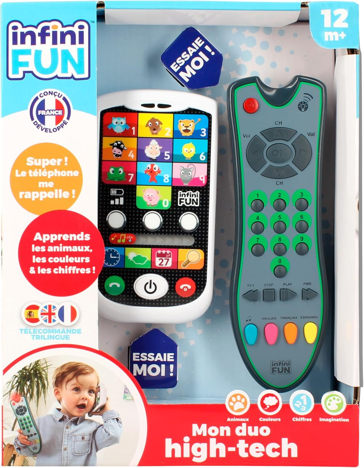 Mijn Duo High-Tech Telefoon + Afstandsbediening - 1 Drietalige Frans/Engels/Spaans afstandsbediening en 1 Ultra-Realistische Telefoon - Multi-Activity Leerspeelgoed vanaf 12 jaar Speelgoed Bebe Naty Shop