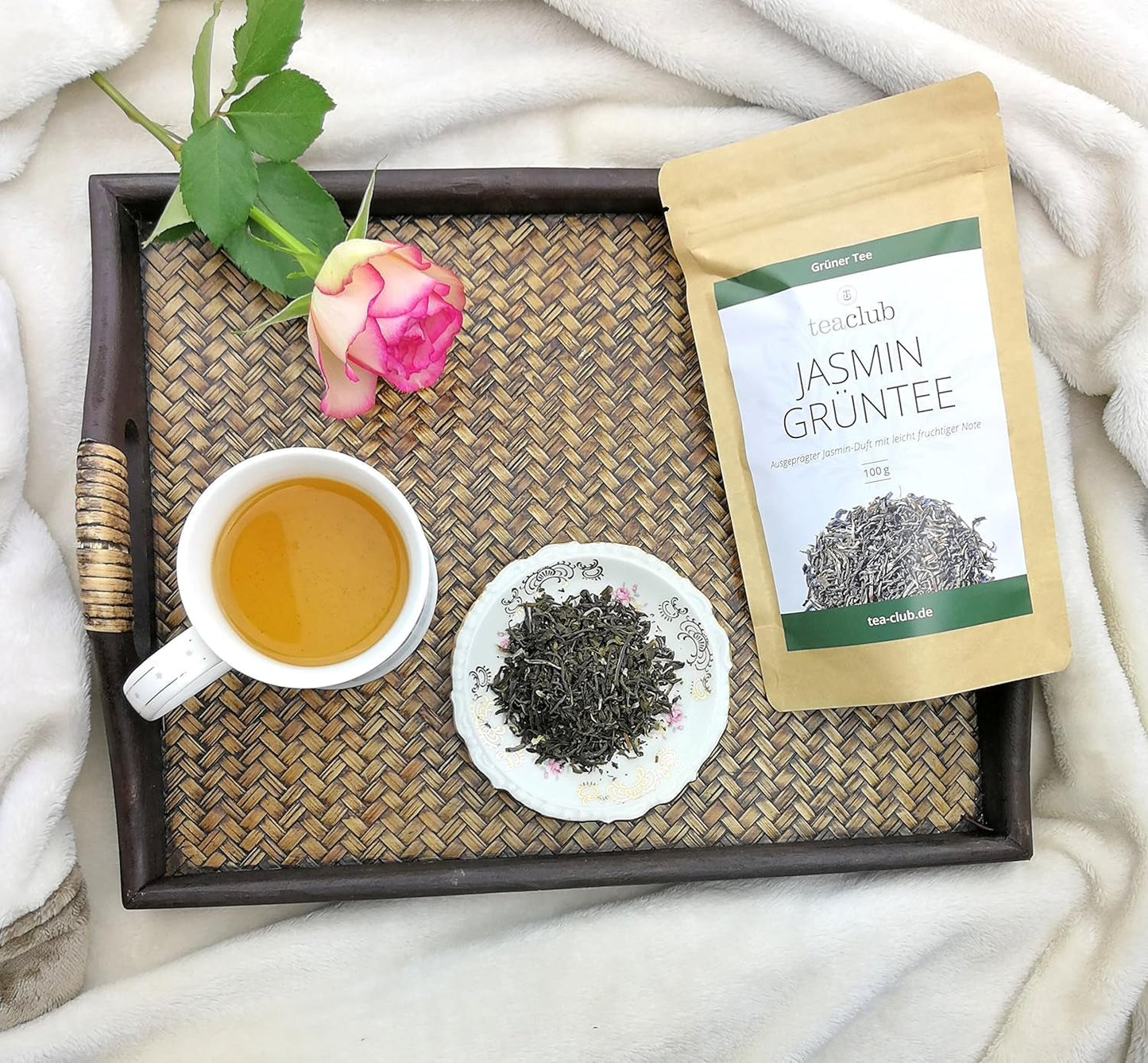 Losse jasmijnthee 100 g, natuurlijk gearomatiseerde jasmijnbloem groene thee, jasmijn groene thee met een uitgesproken jasmijnsmaak, Teaclub groene thee