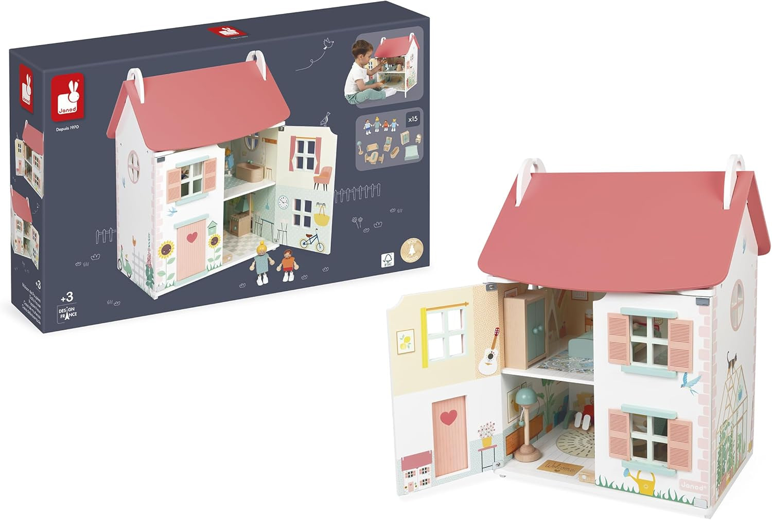 Janod - Mijn eerste houten poppenhuis - 10 accessoires - Poppenmeubels - Magnetische deuren en afneembaar dak - FSC-gecertificeerd houten speelgoed - Vanaf 3 jaar