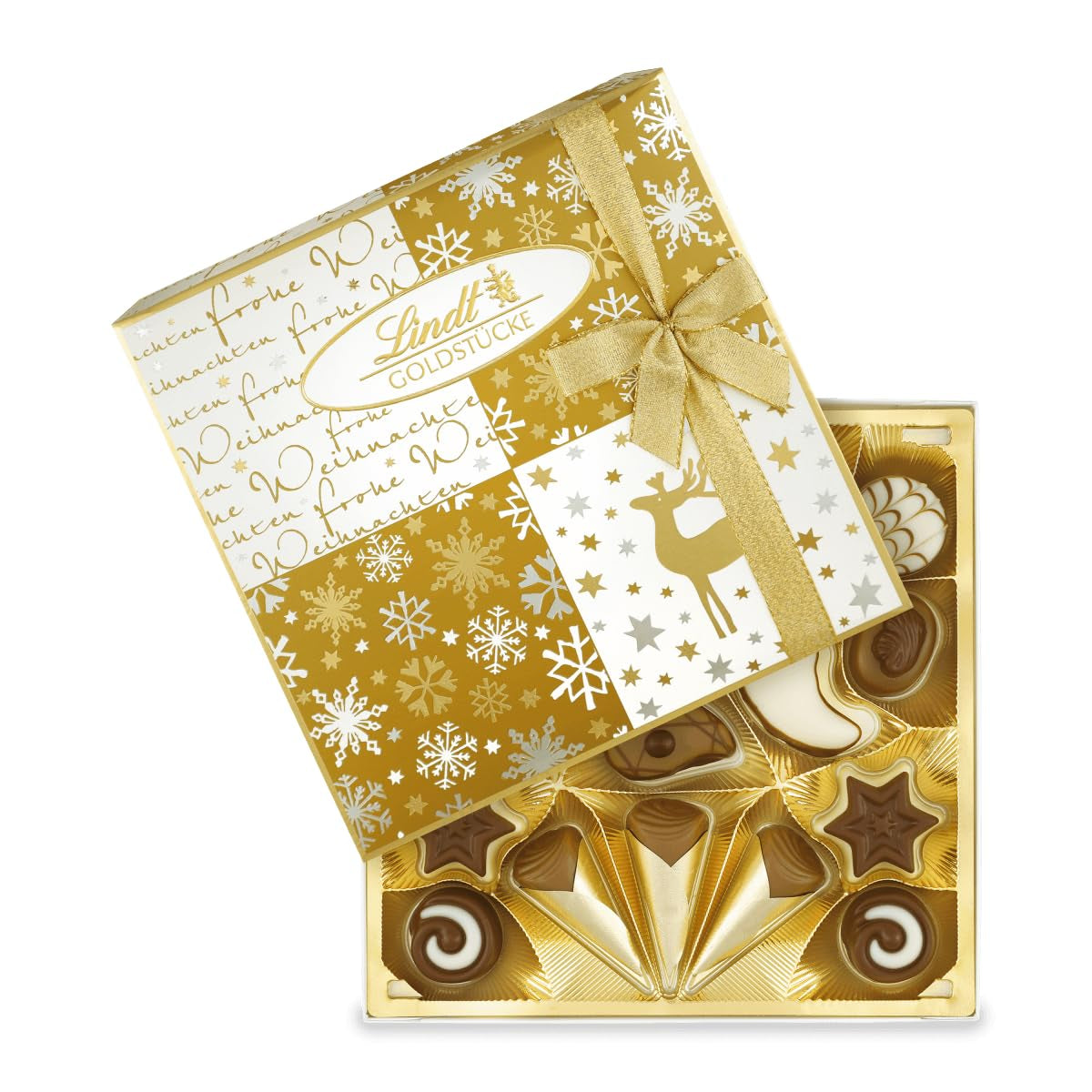 Lindt-chocolade | Doosje Gold Pieces pralines | 180g | 18 pralines in 10 assortimenten als fijn assortiment pralines, sommige met alcohol | Premium geschenkdoos met kerstpralines