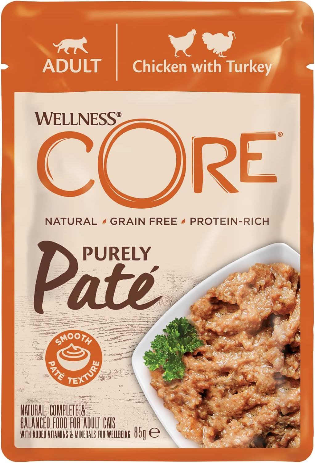 Wellness CORE Purely Paté 24 x 85g, Kip en Kalkoen - Natvoer voor katten, fijne paté, graanvrij, natuurlijk, hypoallergeen, eiwitrijk, rijk aan vlees