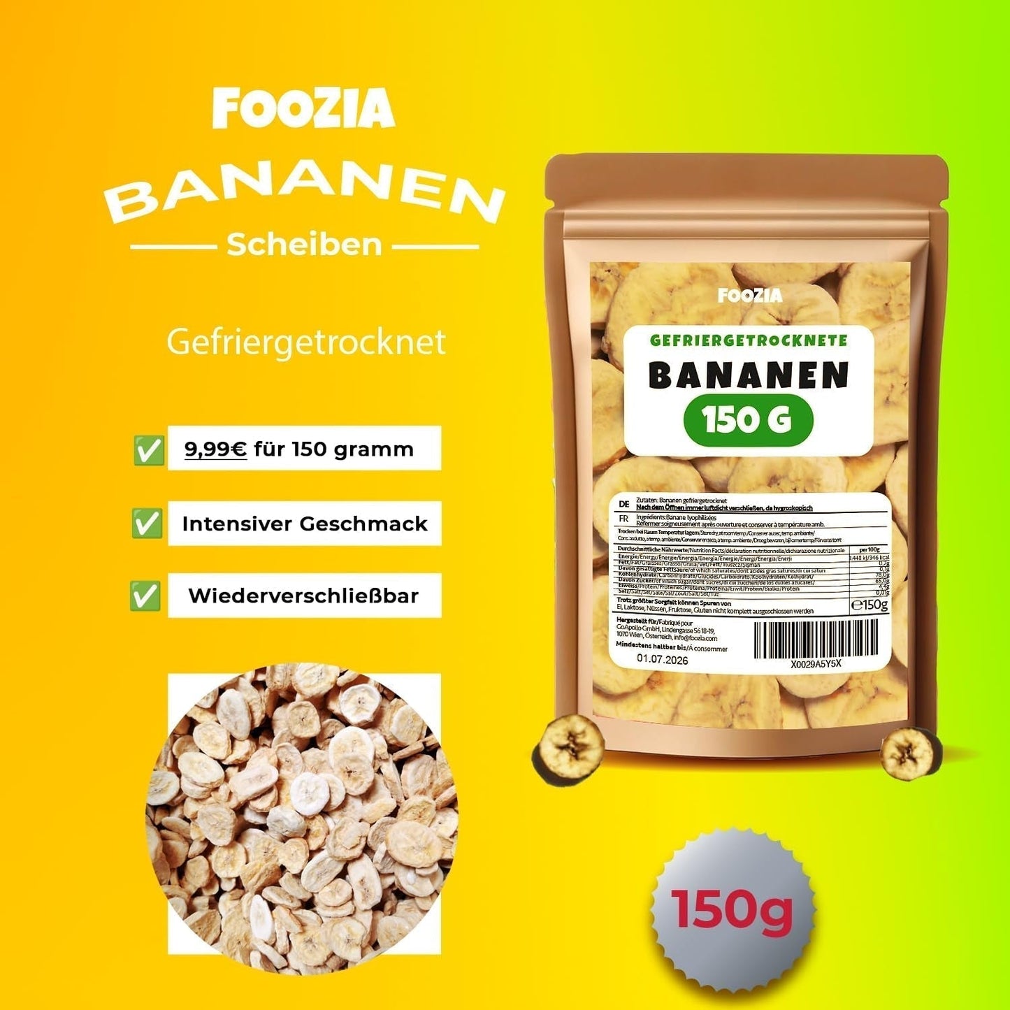 Gevriesdroogde bananen 150g plakjes, Gevriesdroogd fruit zonder toevoegingen Puur - 100% natuurlijk gedroogd fruit - Gedroogde bananen gedroogd fruit van Foozia Gedroogde producten Naty Shop