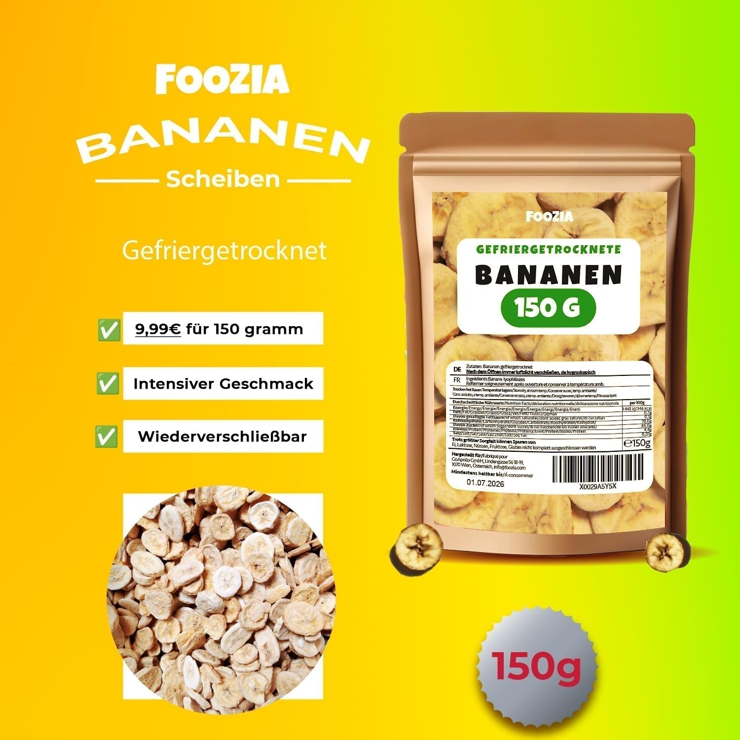 Gevriesdroogde bananen 150g plakjes, Gevriesdroogd fruit zonder toevoegingen Puur - 100% natuurlijk gedroogd fruit - Gedroogde bananen gedroogd fruit van Foozia Gedroogde producten Naty Shop
