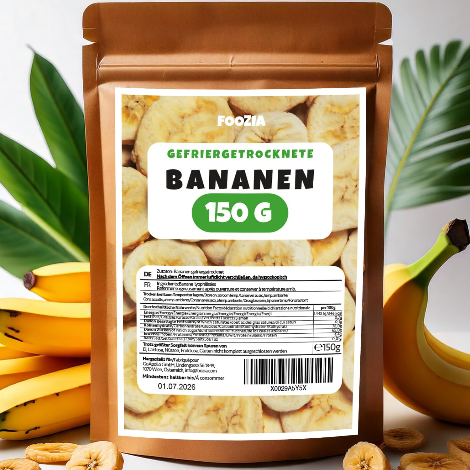 Gevriesdroogde bananen 150g plakjes, Gevriesdroogd fruit zonder toevoegingen Puur - 100% natuurlijk gedroogd fruit - Gedroogde bananen gedroogd fruit van Foozia Gedroogde producten Naty Shop 150G