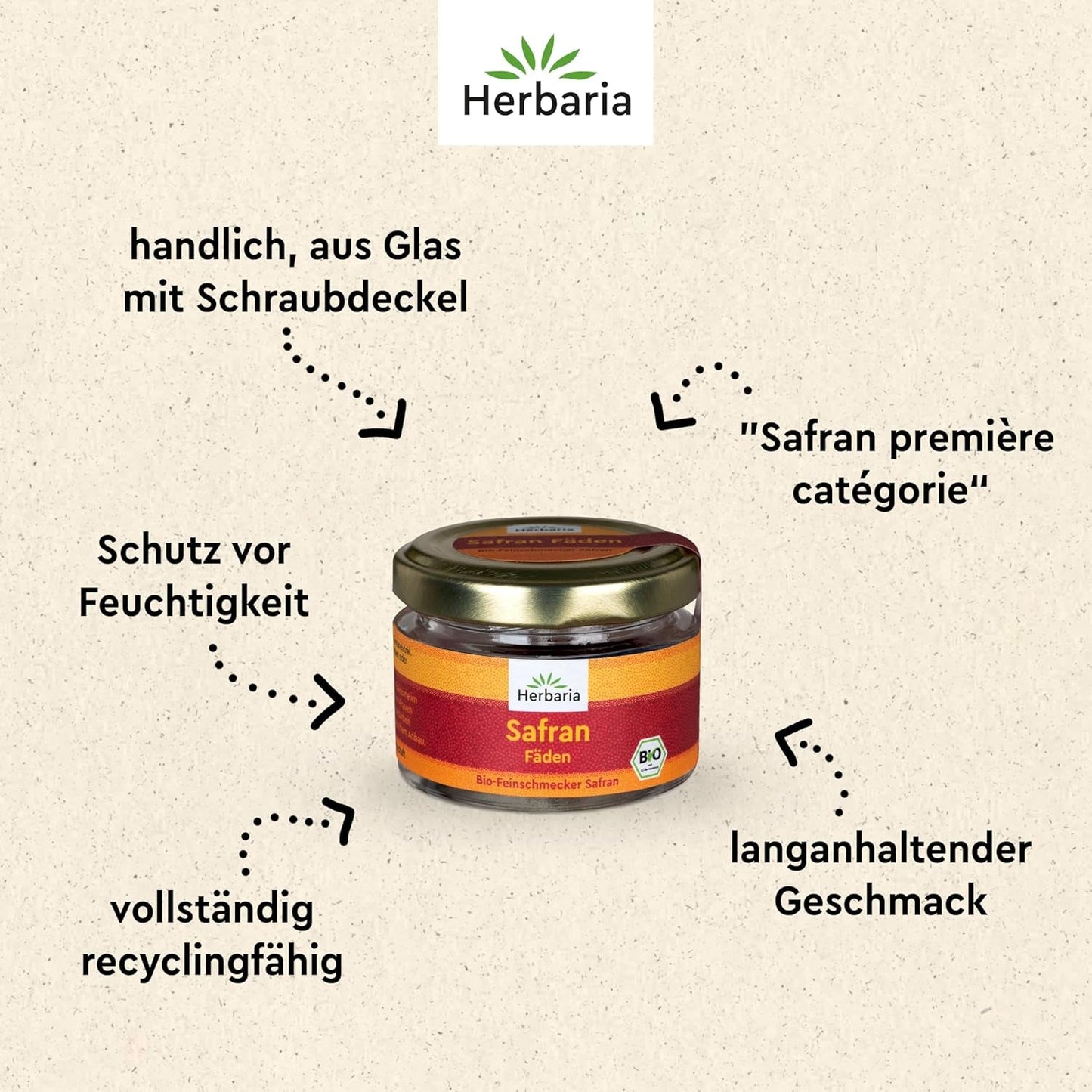 Herbaria Safran-Fäden bio 0,5g in Glas – Bio Saffron-Fäden aus dem bereicht Safran-Ort Taliouine in Marokko – Safranfäden in Premium Bio-Qualität – Saffron Premium - Safran première categorie