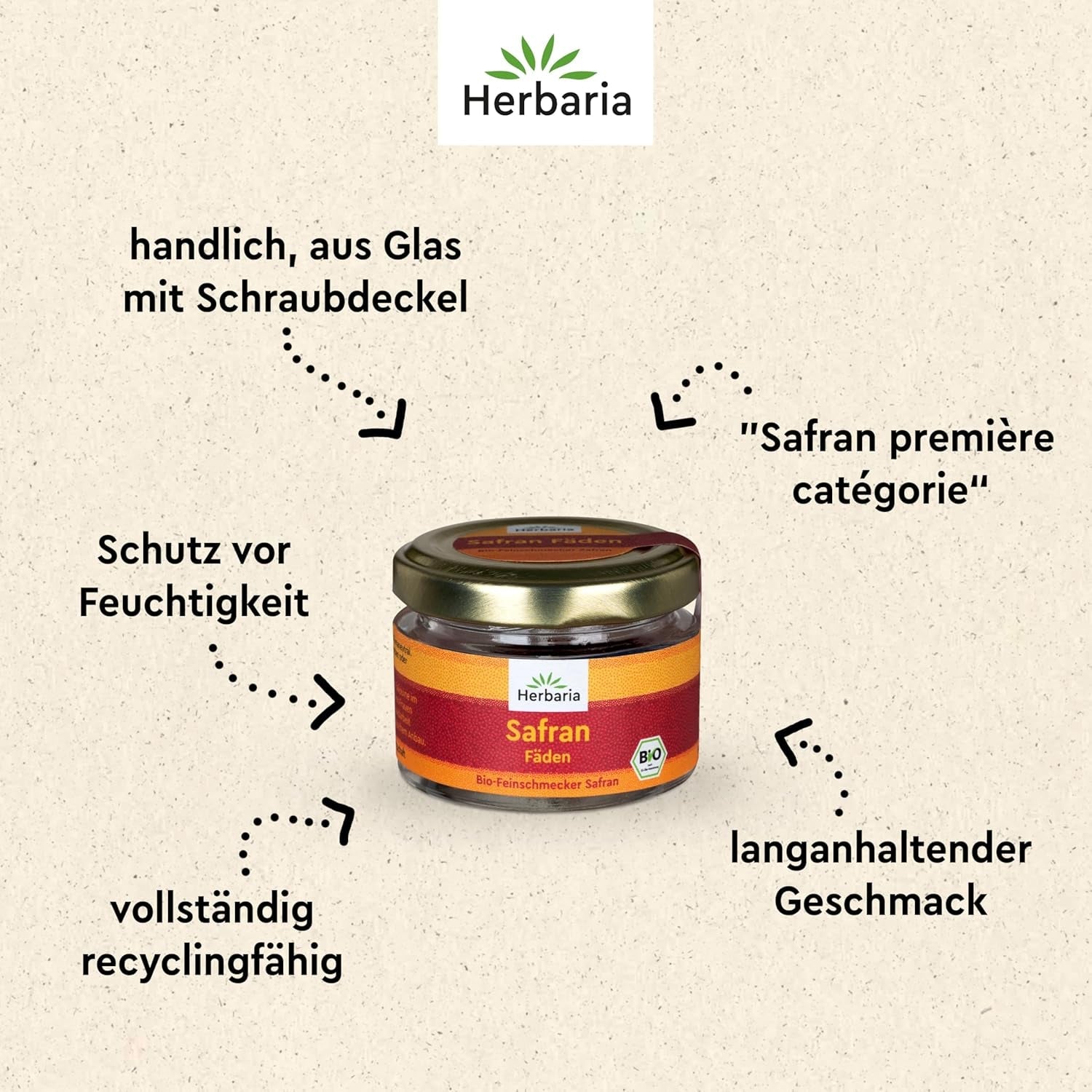 Herbaria Safran-Fäden bio 0,5g in Glas – Bio Saffron-Fäden aus dem bereicht Safran-Ort Taliouine in Marokko – Safranfäden in Premium Bio-Qualität – Saffron Premium - Safran première categorie