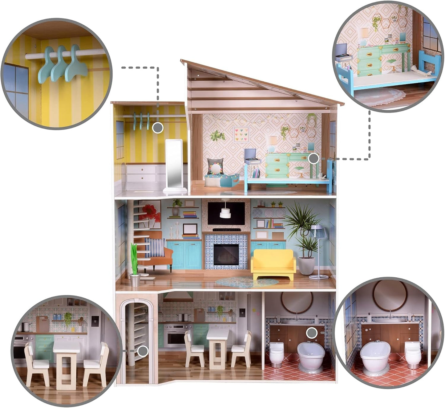 Olivia's Little World hedendaagse mediterrane stijl interactief houten poppenhuis van 3 verdiepingen voor kinderen met 17 poppenmeubelaccessoires veelkleurig TD-13551B