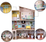 Olivia's Little World hedendaagse mediterrane stijl interactief houten poppenhuis van 3 verdiepingen voor kinderen met 17 poppenmeubelaccessoires veelkleurig TD-13551B