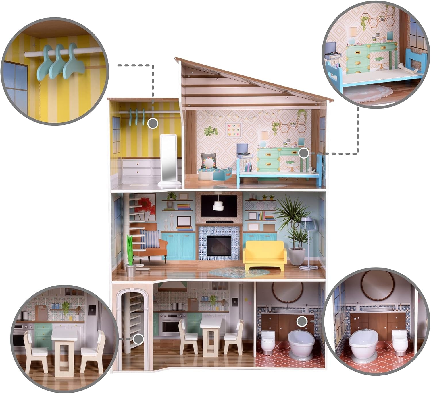 Olivia's Little World hedendaagse mediterrane stijl interactief houten poppenhuis van 3 verdiepingen voor kinderen met 17 poppenmeubelaccessoires veelkleurig TD-13551B