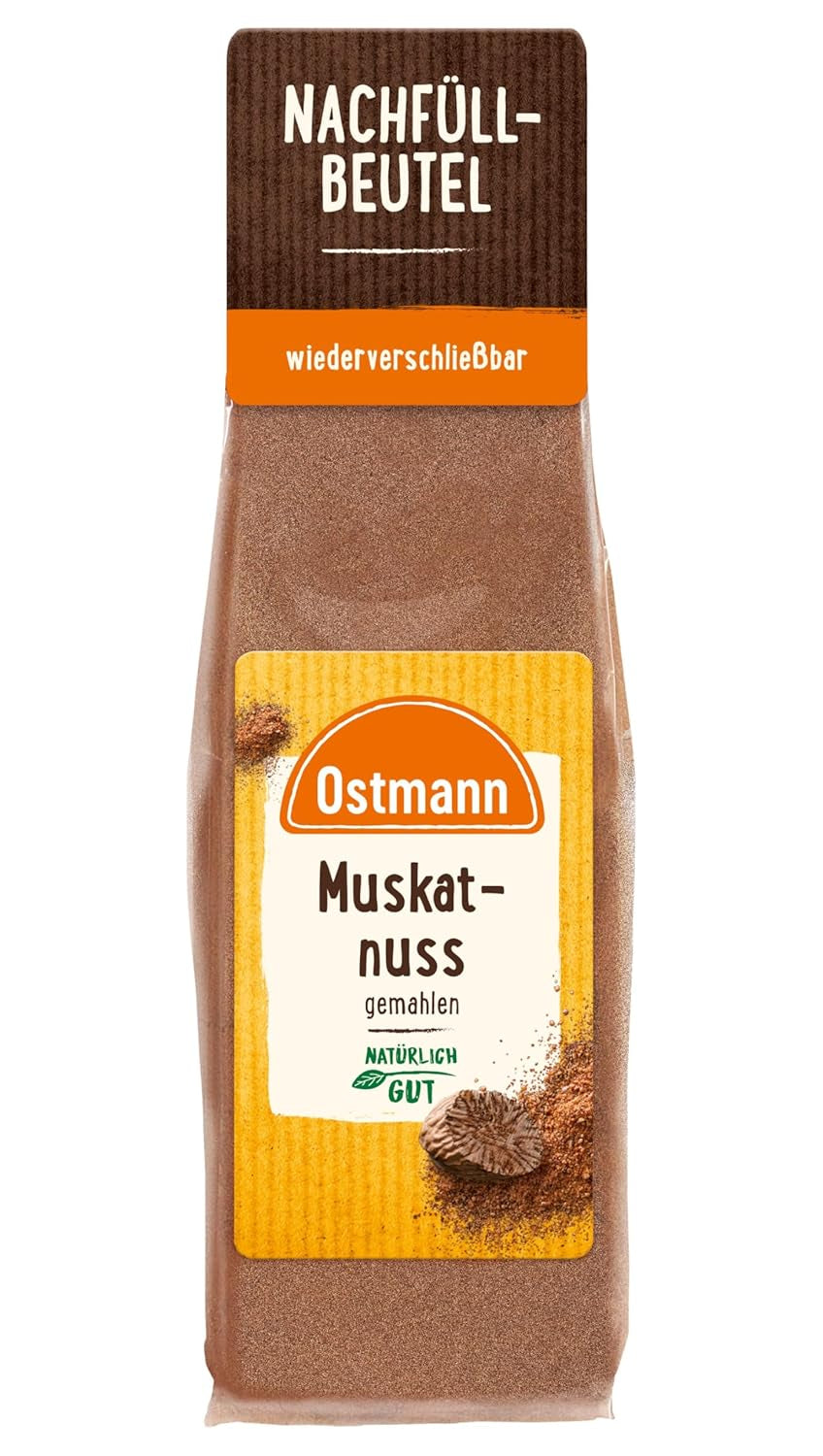 Ostmann Gewürze - Muskatnuss gemahlen | Ideaal om aardappelgerechten op smaak te brengen Zum Nachfüllen der Streudose | Hersluitbare zak van 50 g