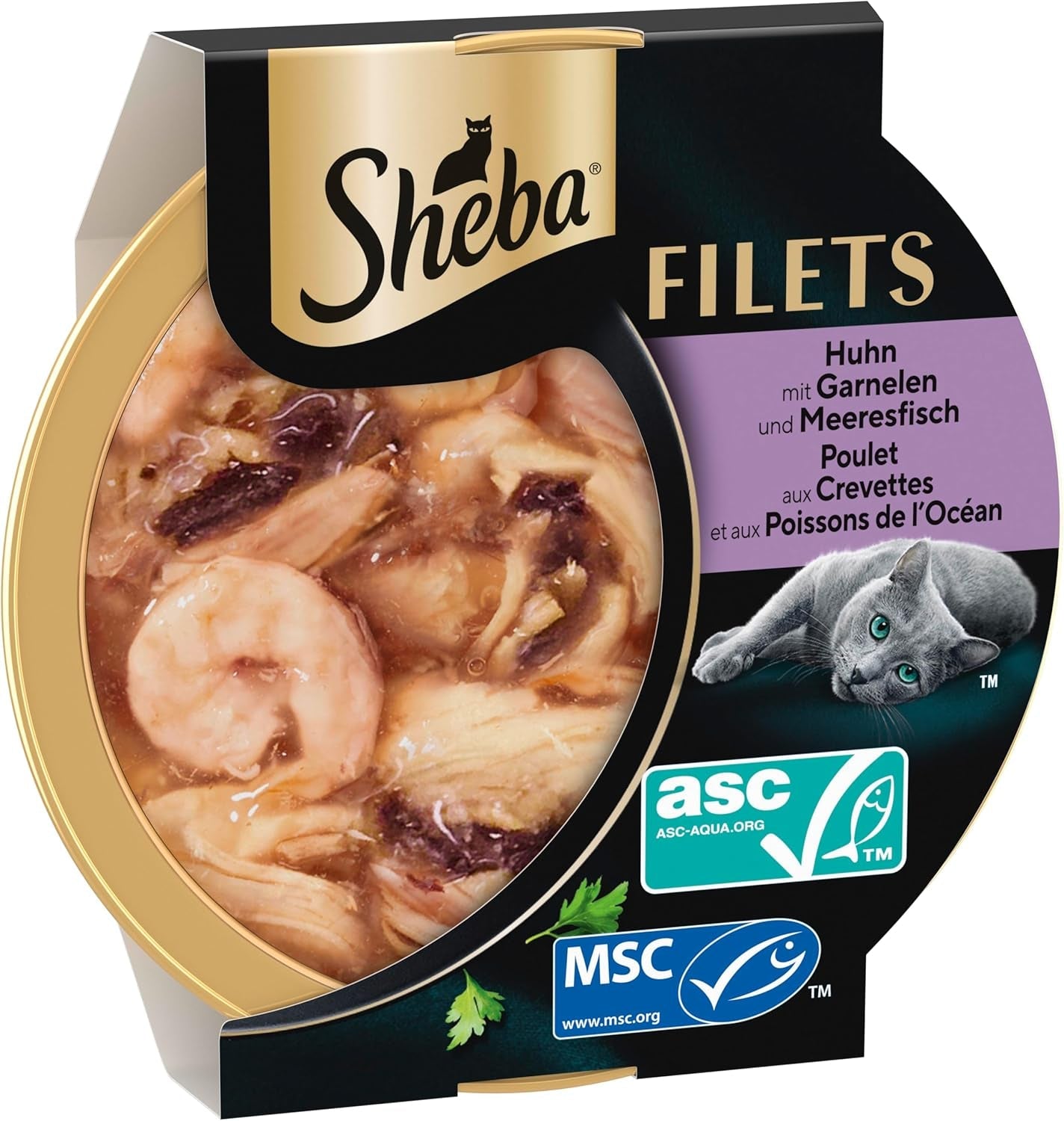 SHEBA Filets Volwassen Katzenfutter in Saus met Kip, Hochseefisch en Garnelen 16 x 60g Shell