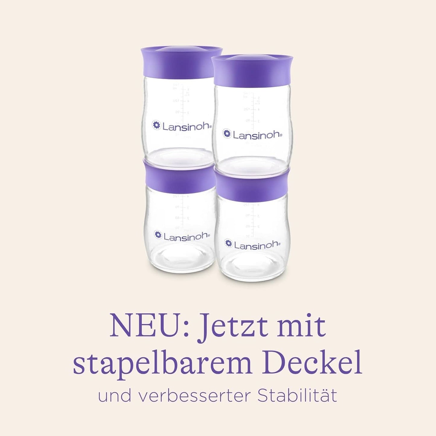 Lansinoh Muttermilchflaschen, 4 X 160 Ml - Zur Sicheren Muttermilch Austellungen - Neues Kompaktes Design Für Verbesserte Stabilität - Mit Stapelbarem Deckel Accessoires Voeding en borstvoeding Bebe Naty Shop