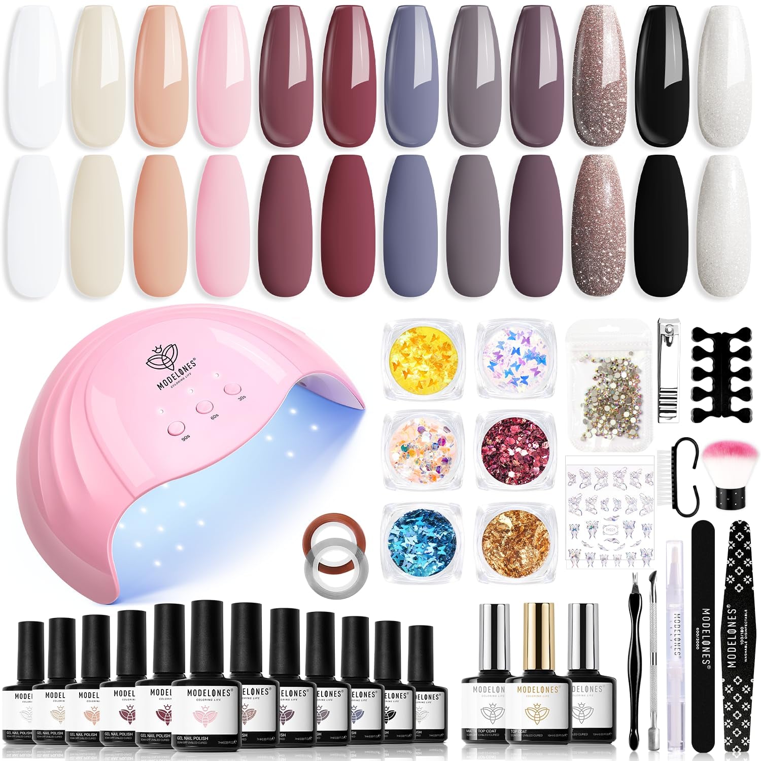 Modelones 35-delige gelnagellakset, UV-nagellakset met 48W-lamp, nude bruin wit roze gelnagellakset, UV-gelnagellakset met toplaag basis nagelstudioset