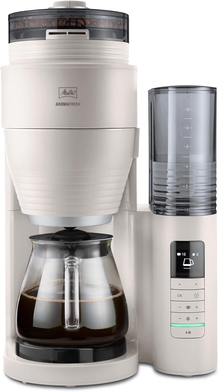 Melitta AromaFresh Therm Pro X - Espressomachine met filter, geïntegreerde molen, afneembaar waterreservoir, roestvrijstalen thermische karaf en timerfunctie, voor maximaal 8 koppen koffie, zwart/zilver