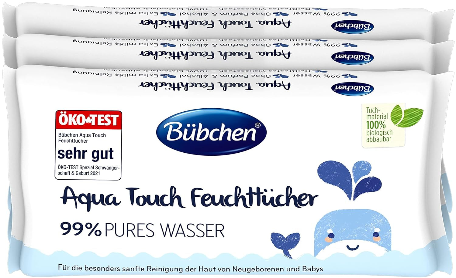 Bübchen Aqua Touch babydoekjes 144 stuks (3 x 48) - gevoelige huidverzorgingsdoekjes met 99% zuiver water, vochtige doekjes voor pasgeborenen en baby's