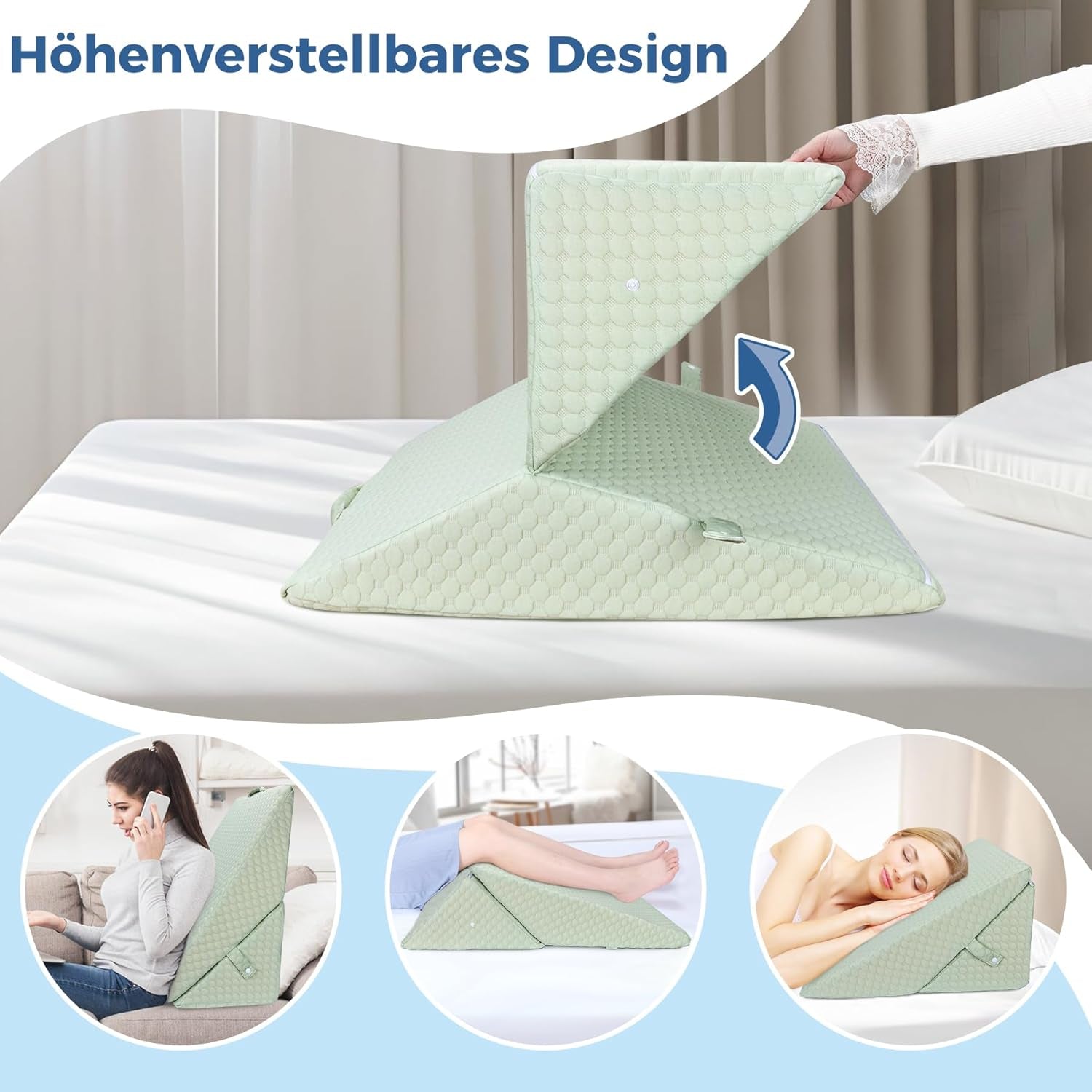 KINDEREN Verstelbaar wigkussen, leeskussen van schuim met hoge dichtheid voor bed en bank, ergonomisch bedwighoofdkussen voor slaaprefluxapneu, beenkussen/rugkussen voor spelen en lezen (groen)