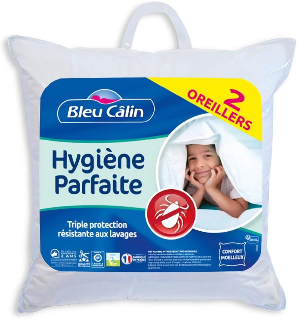Bleu Câlin Set van 2 rechthoekige anti-mijt-, antibacteriële kussens, pluizig comfort, T 60X60 Cm, 100% katoen, perfect hygiëne-assortiment Naty Shop standaard kussens