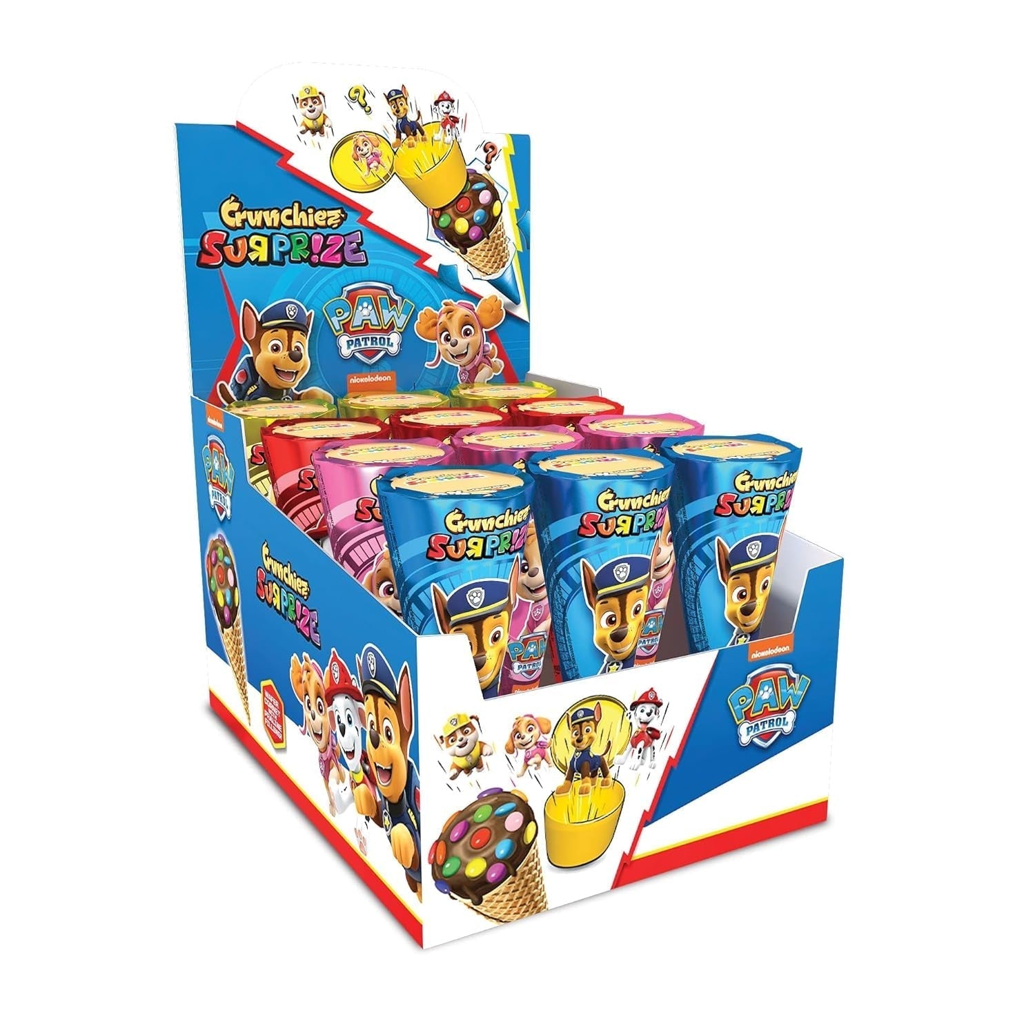 Crunchiez Surprise PAW PATROL, chocolade-hazelnoot gevuld ijshoorntje met een hoogwaardige verrassing, bakje van 12 x 25 g