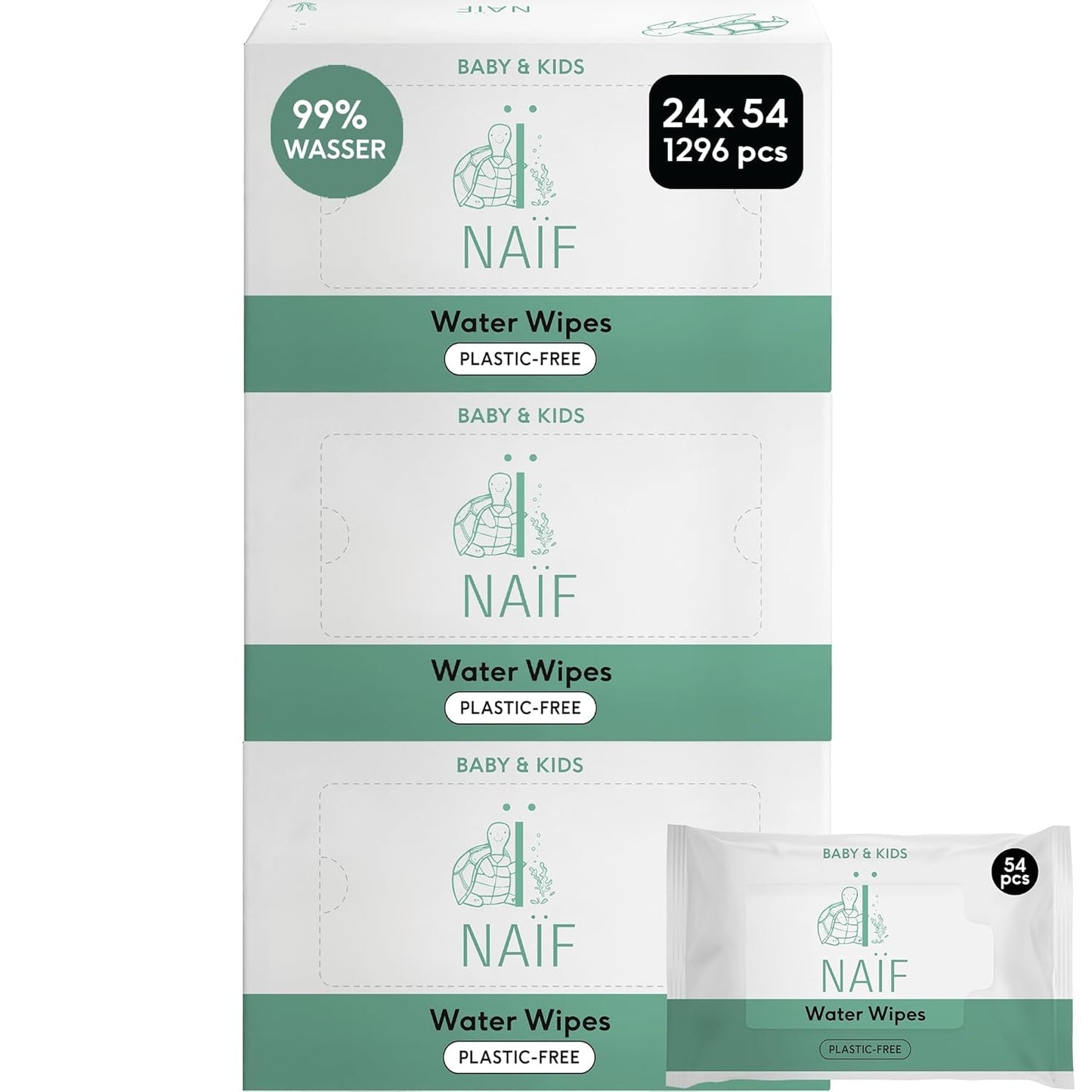 Naïf Plasticvrije Babydoekjes 432 Stuks (8 Pak x 54 Doekjes) - Verzorging voor Babybilletjes, Lichaam en Gezicht - 99% Water - 0% Geur & Alcohol - Doos met Duurzame Vochtige Doekjes, Gevoelige Eucalyptus