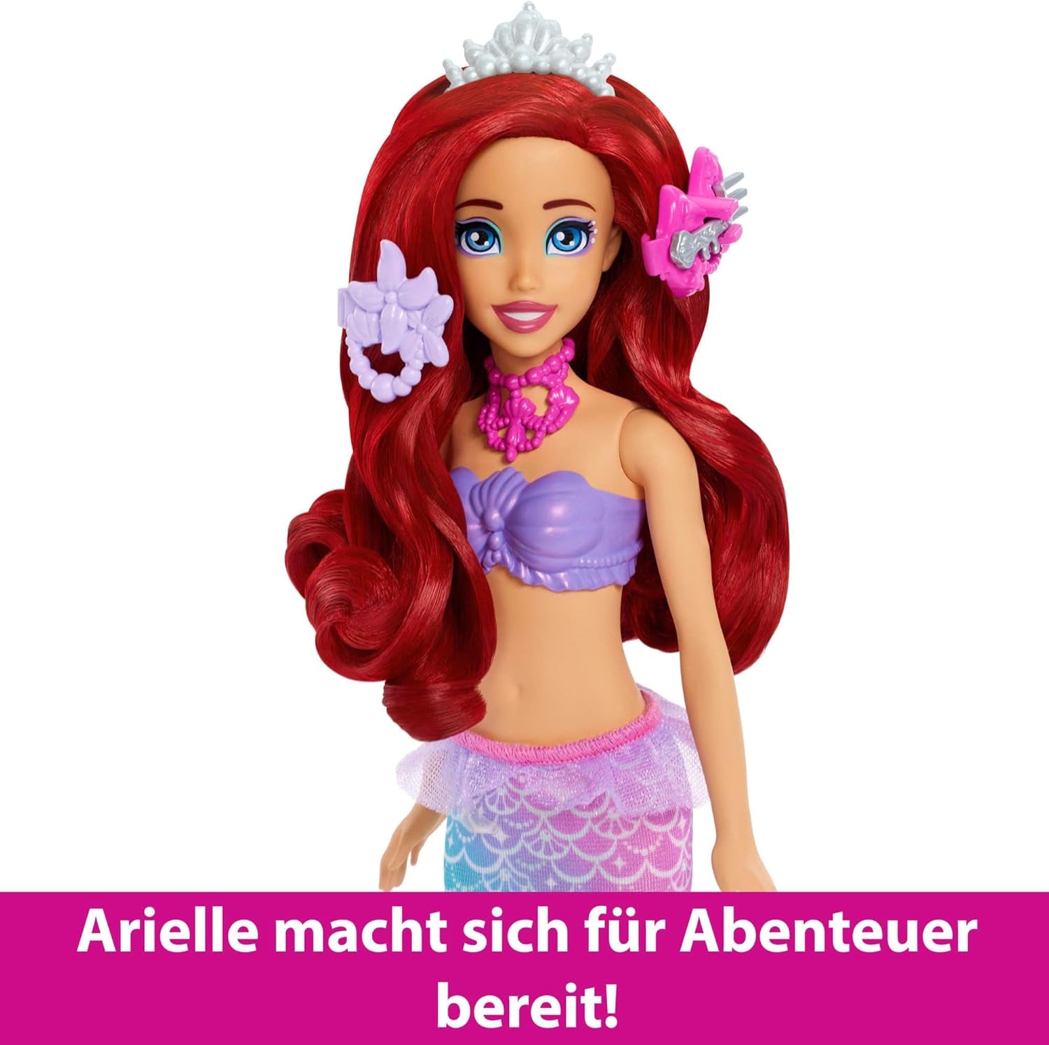 Mattel Disney Princess Toys, zeemeermin Ariël modepop met afneembare staartvin, kaptafel met 5 herhaalbare pop-up verrassingen en 5 accessoires, JBF86