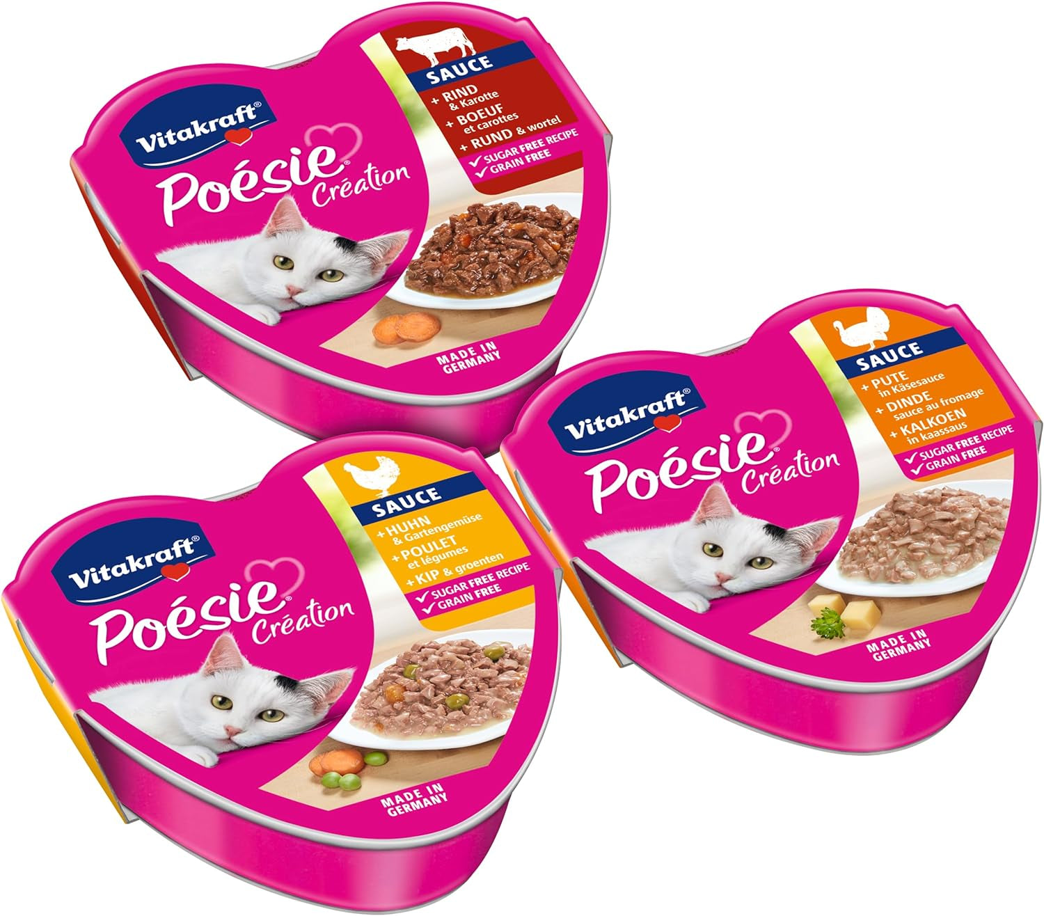 Vitakraft Poésie Création, Tender Selection, Nat kattenvoer, Nat kattenvoer in saus, met kip, met kalkoen, met rundvlees, zonder toegevoegde suiker en granen (1 verpakking van 6 x 85 g)
