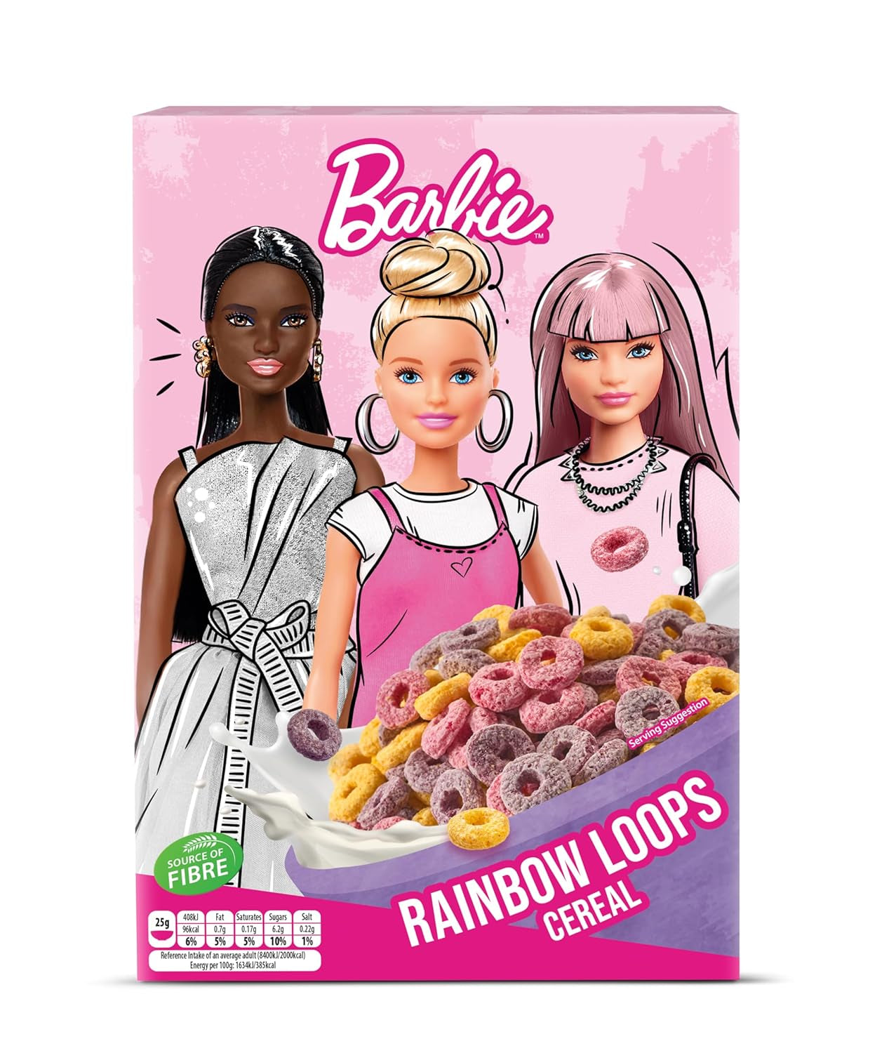 Barbie Rainbow Loops ontbijtgranen, kleurrijke ringen van tarwe, haver en maïs met fruitsmaak voor het perfecte ontbijt, 1 pakje (1 x 350 g)