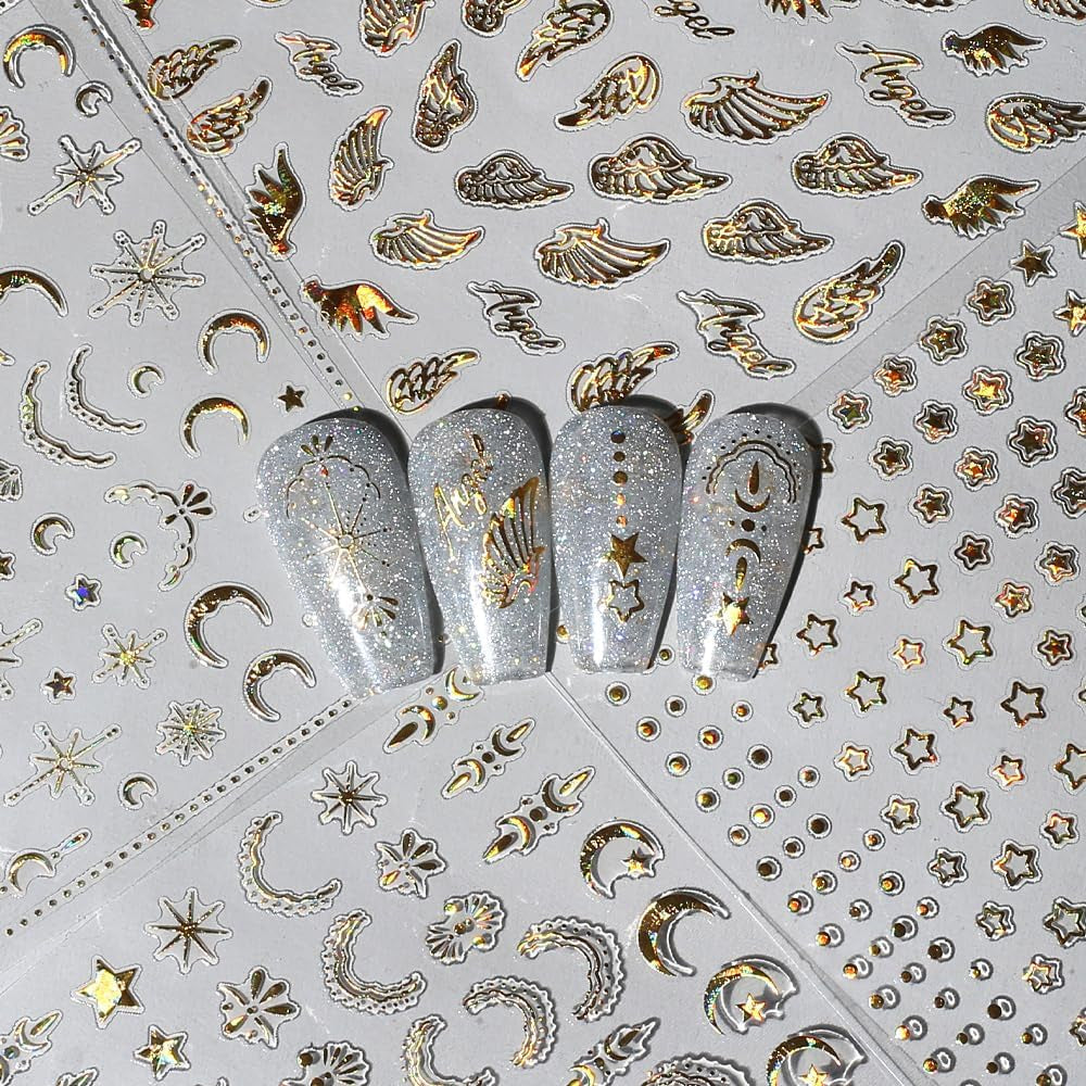 8 vellen gouden maan en sterren nagelkunststickers engelenvleugels bruin gouden nagelstickers sterren nagelfolie zelfklevende nagelstickers nagelontwerpaccessoires nagelstickers