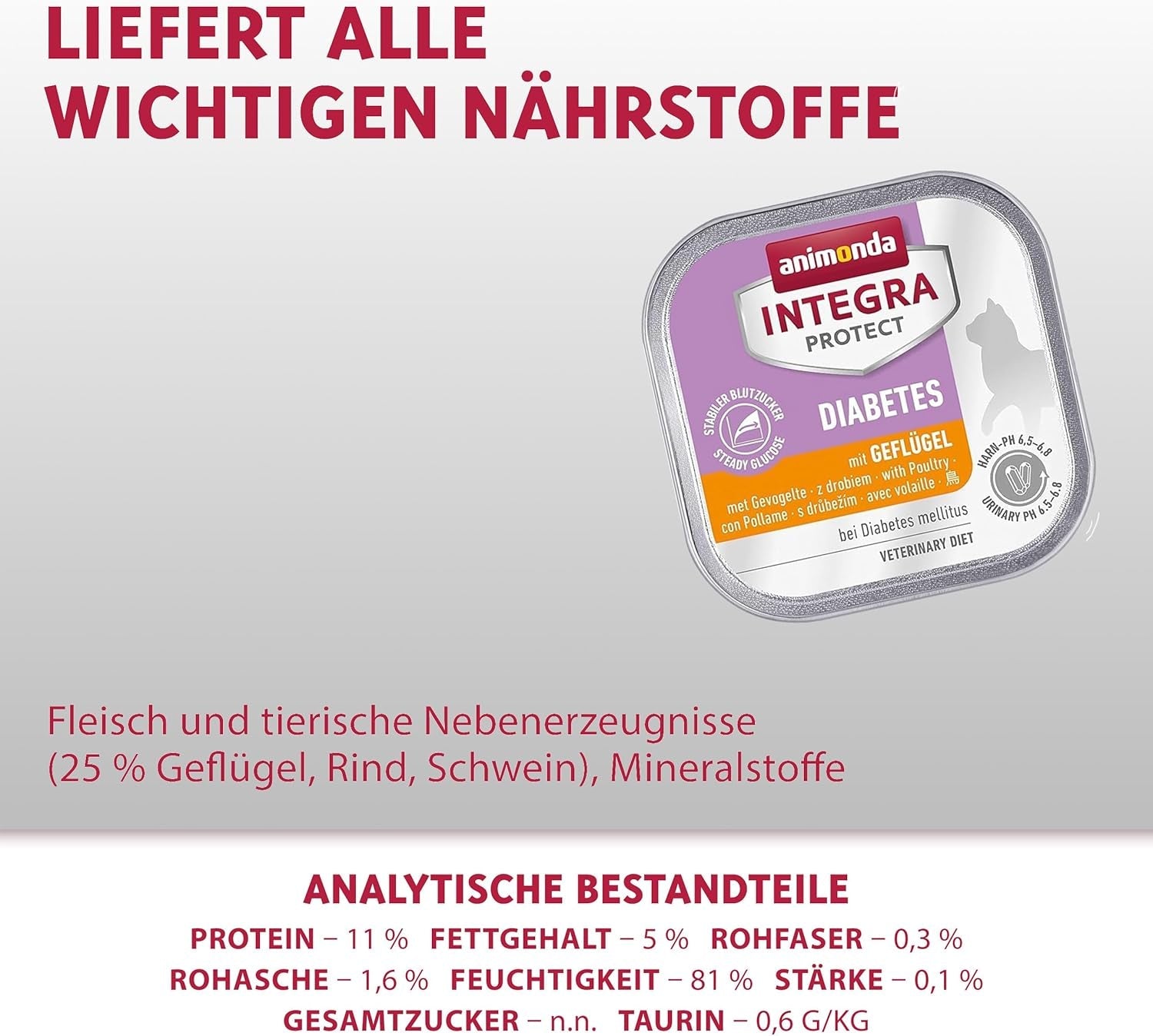 animonda INTEGRA PROTECT Diabetes met gevogelte (16 x 100 g), natvoer voor katten met diabetes, dieetvoeding voor katten met diabetes, natvoer zonder suiker