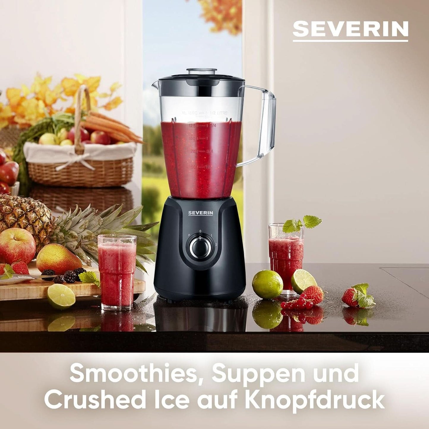 SEVERIN Standmixer Mit 1,5 L Mixbehälter Aus Tritan, Mixer Mit 2 Stufen en Pulse-Funktion, Leistungsstarker Küchenmixer Mit Edelstahlmesser, 600 W, Schwarz, SM 3707 Keuken Naty Shop