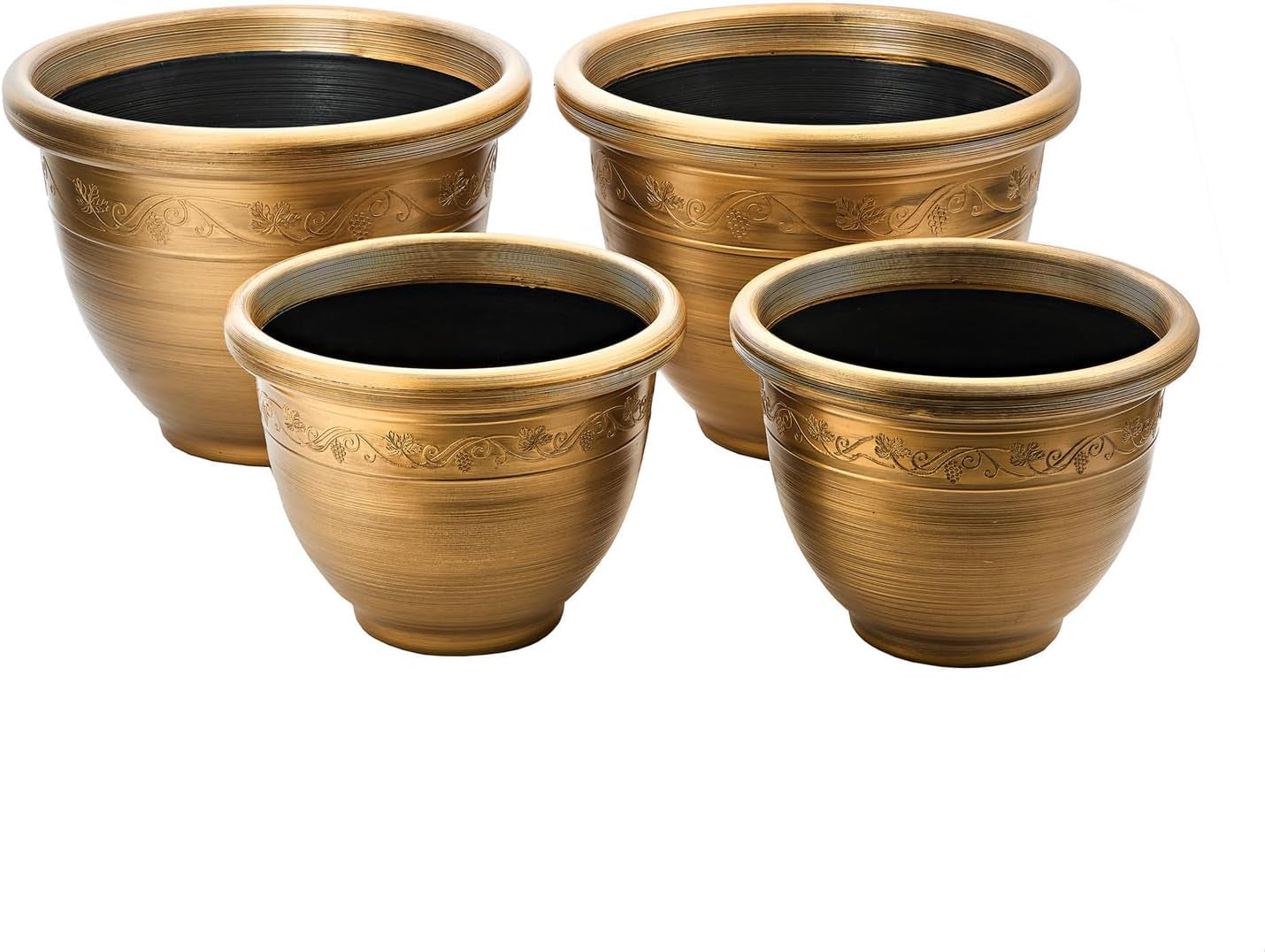 ® Plastic plantenbakkenset in retrostijl - 4-delige set in twee maten - Weerbestendig en lichtgewicht - Decoratieve rand - Bronzen plantenbakkenset