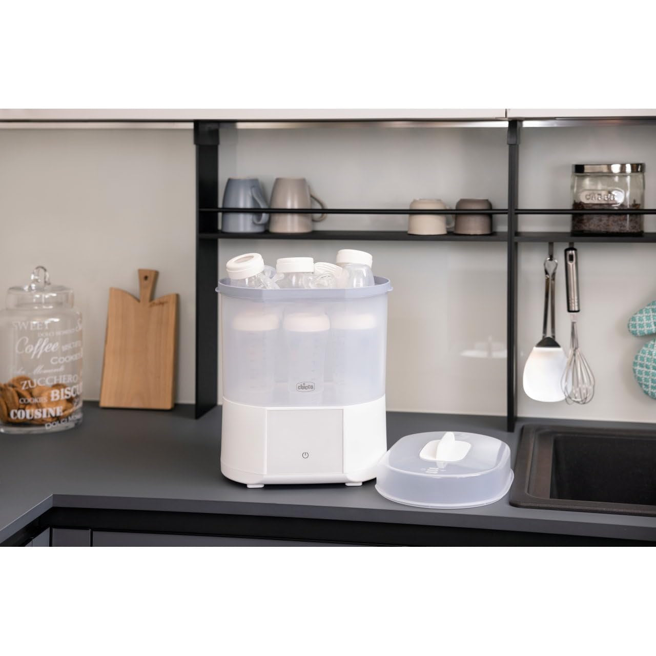 Chicco modulaire sterilisator met droogfunctie, babyflessensterilisator, bijtring en fopspeen met auto-stop, magnetronbestendig, geschikt voor het steriliseren van maximaal 6 flessen van 330 ml