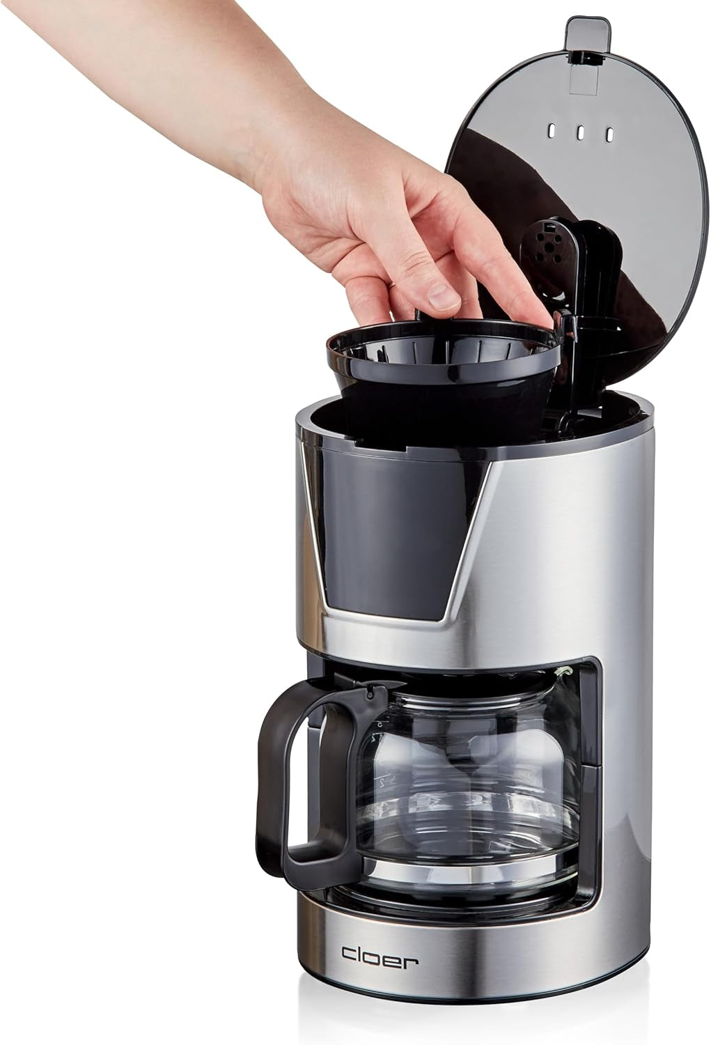 Cloer Filter-espressomachine voor 6 kopjes, zachte warmhoudfunctie, glazen karaf, maatlepel, waterniveau-indicator, antidruppelsysteem, automatische uitschakeling, filtermaat 1x2, 550W, roestvrij staal
