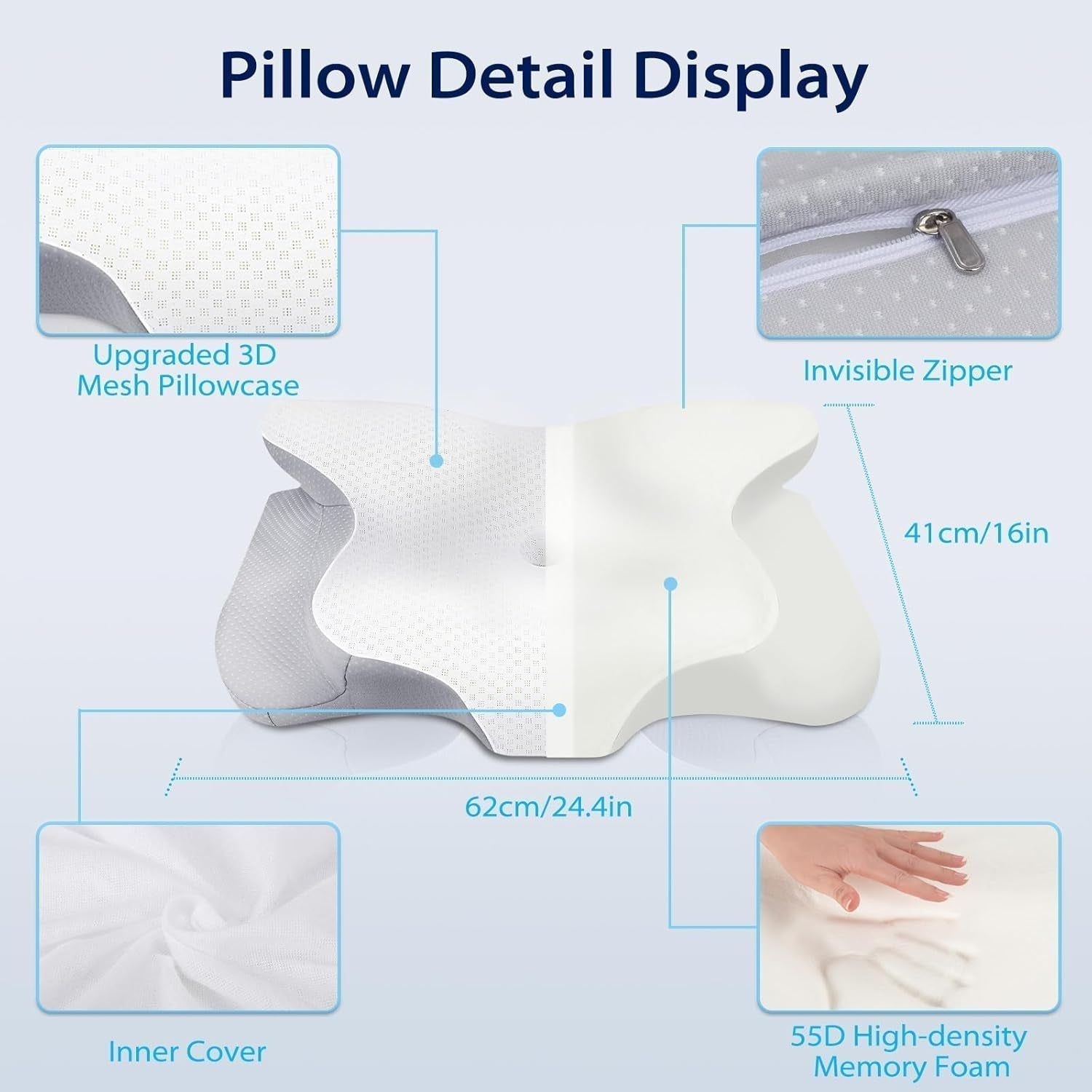 HOMCA Nekkussen Kussen, Memory Foam Ergonomisch kussen 3D-koelende kussensloop voor rug-, zij- of buikligging, 62 X 41 X 9,5/12,5 Cm Cervicale orthopedische kussens Naty Shop