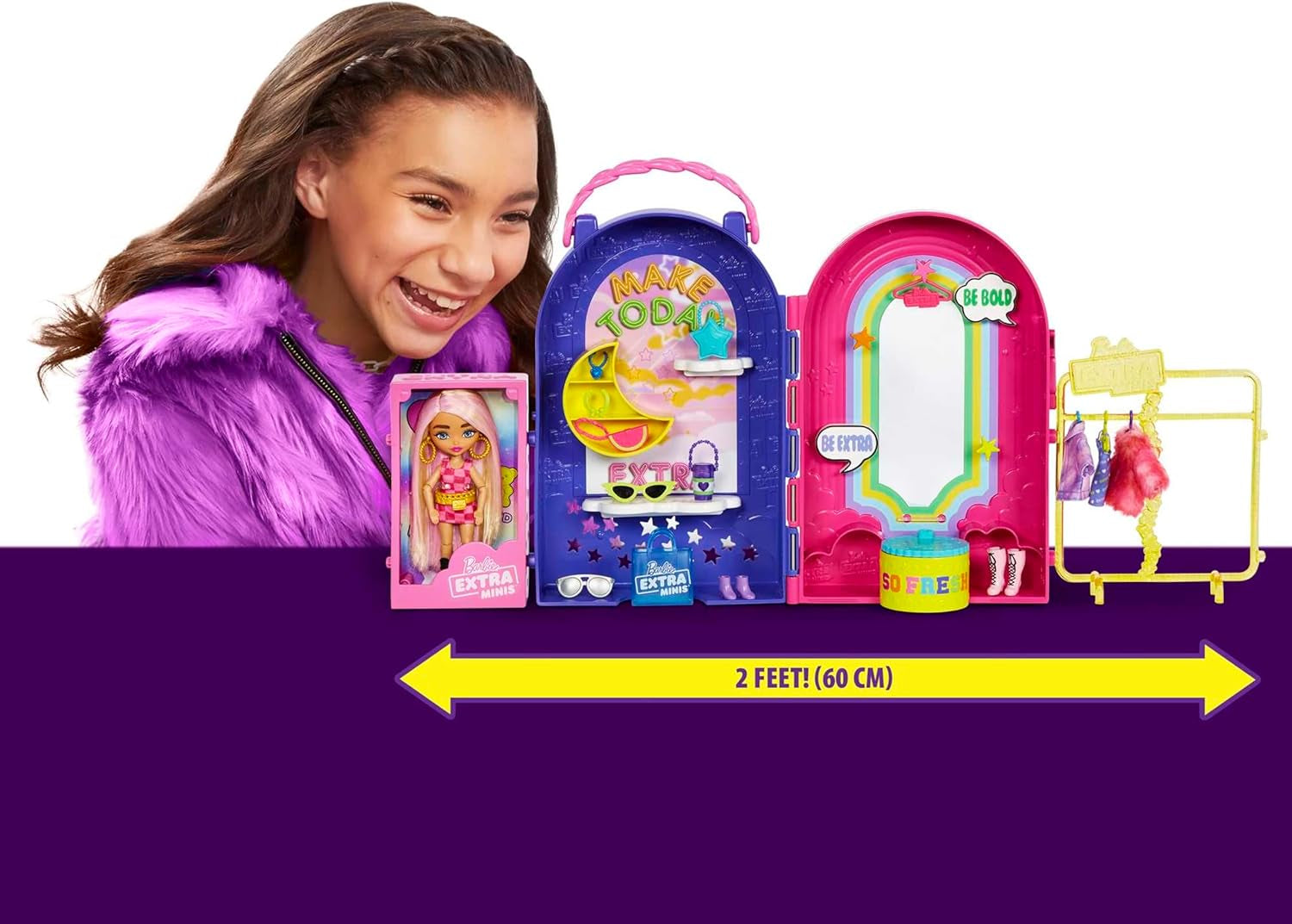 Barbie Extra Mini's, Extra Minipop en Boutique Speelset, Kledingkast met Kasten, Planken, Spiegels, 360 Platform, Extra Minipop met Roze Haaraccessoires, HHN15