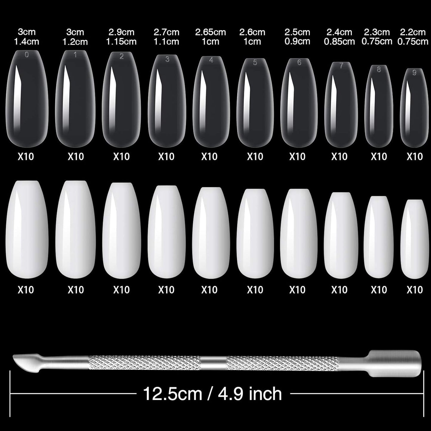 200 stuks valse nageltips 10 maten acryl kunstnagels met nagelriemschuiver en doorzichtige doos voor vrouwen en meisjes (natuurlijk en transparant)