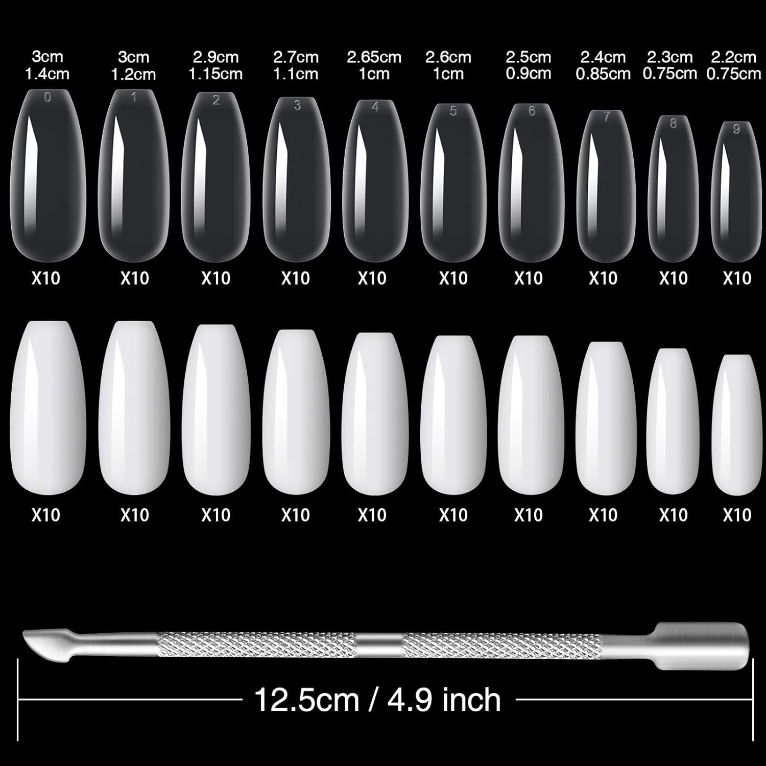 200 stuks valse nageltips 10 maten acryl kunstnagels met nagelriemschuiver en doorzichtige doos voor vrouwen en meisjes (natuurlijk en transparant)