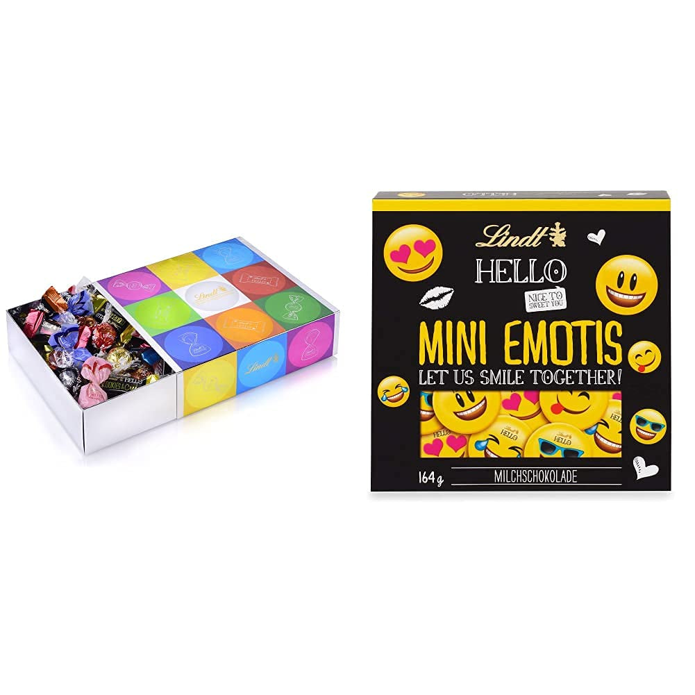 Chocoladeassortiment (37 LINDOR-bolletjes, 24 Hello Mini-sticks, 10 Mini Fioretto), chocoladecadeau (1 x 815 g) en HELLO Mini Emoti, melkchocolade in 5 emoticon-dessins, 164 g