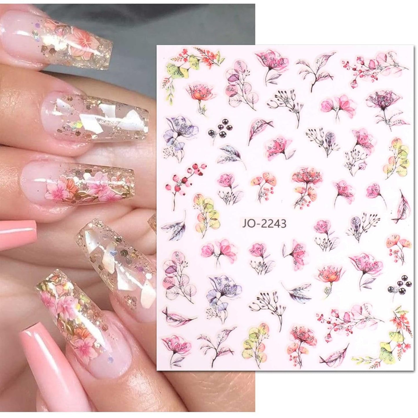 JMEOWIO Nagelsticker Frühling Blume 12 Blatt Nail Art Sticker Selbstklebend Nagelaufkleber Blätter Decoratie Nageldesign Zubehör