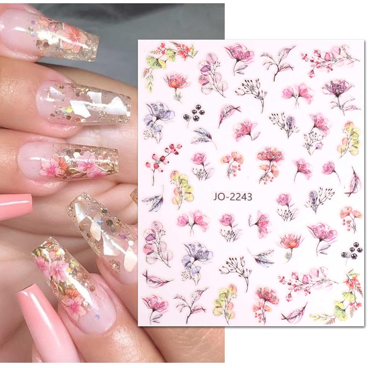 JMEOWIO Nagelsticker Frühling Blume 12 Blatt Nail Art Sticker Selbstklebend Nagelaufkleber Blätter Decoratie Nageldesign Zubehör