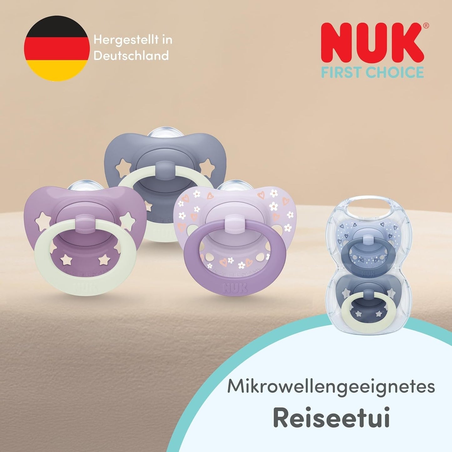NUK First Choice klassieke dag- en nachtfopspenen voor baby's | 6-18 maanden | Orthodontische fopspenen die oplichten in het donker | 95% acceptatie door baby's** | Blauw | Pak van 2