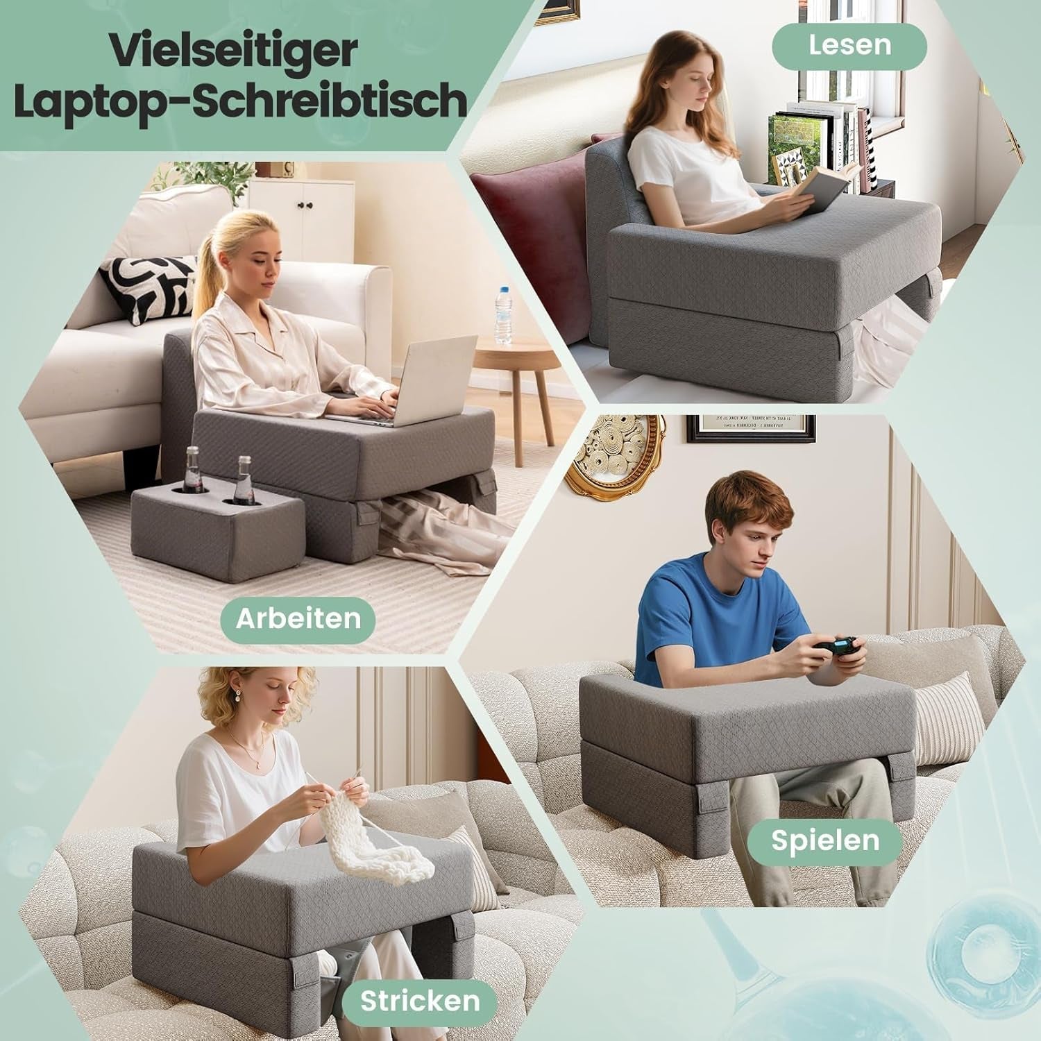 Leeskussen voor bed en bank, boekenkussen, vrij te combineren met bekerhouder en wasbare hoes, verstelbaar laptopbureaukussen voor lezen, gamen, werken, schrijven (grijs)