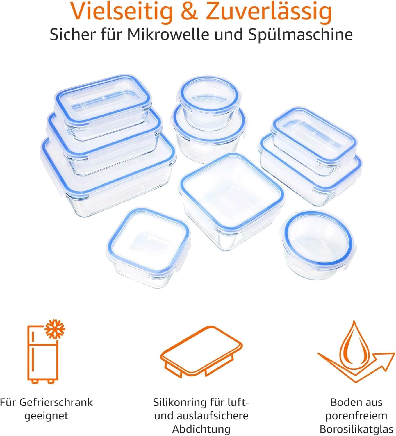 Amazon Basics Glazen voedselcontainers met deksels, 20 stuks (10 containers + 10 deksels) BPA-vrij, helderblauwe voedselbewaardozen Naty Shop