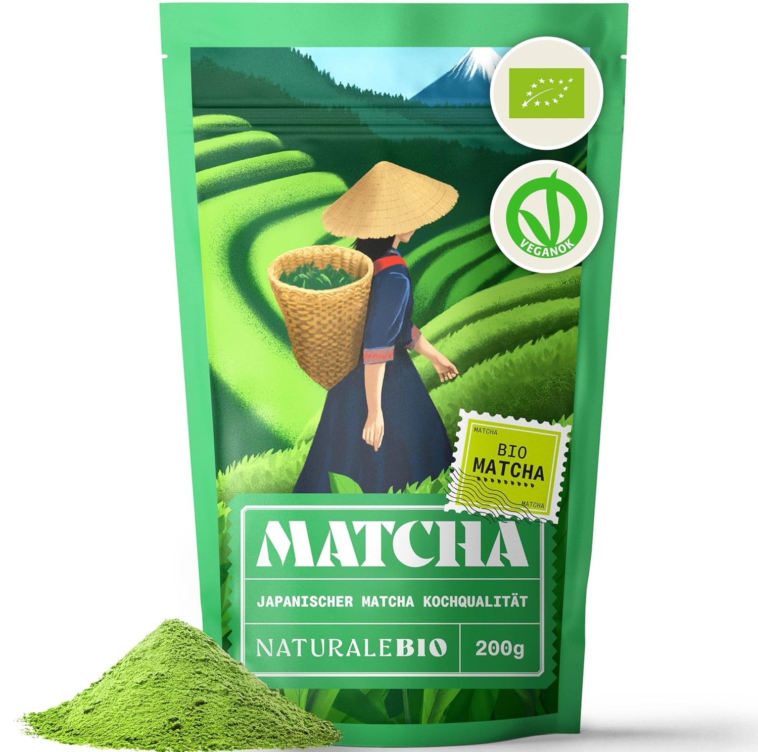 Naturalebio BIO Groene theepoeder 100 g. Voor koken en bakken. Originele Japanse matcha. Groene thee uit Japan, vegan, glutenvrij en non-GMO. Natuurlijk biologisch product.