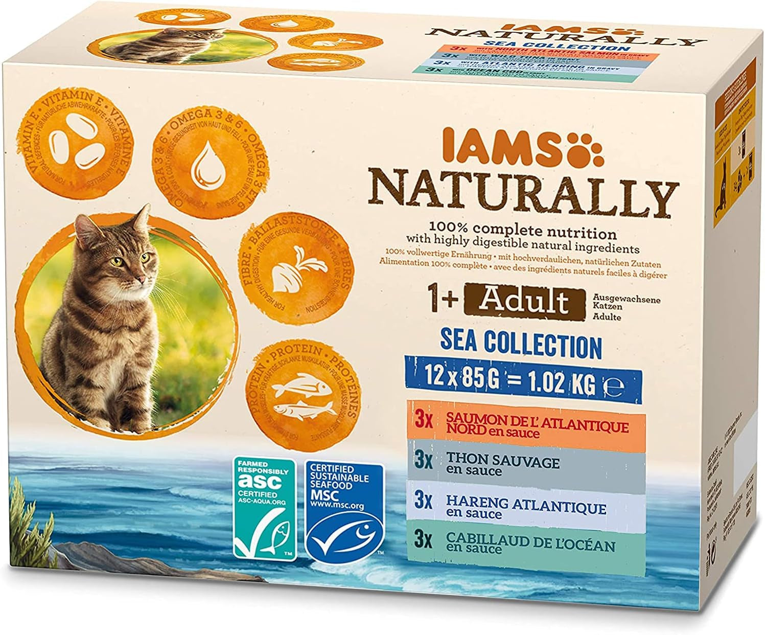 IAMS Natuurlijk natvoer voor katten in saus - Hoogwaardig natvoer met vis voor volwassen katten, Sea Collection, 12 x 85 g